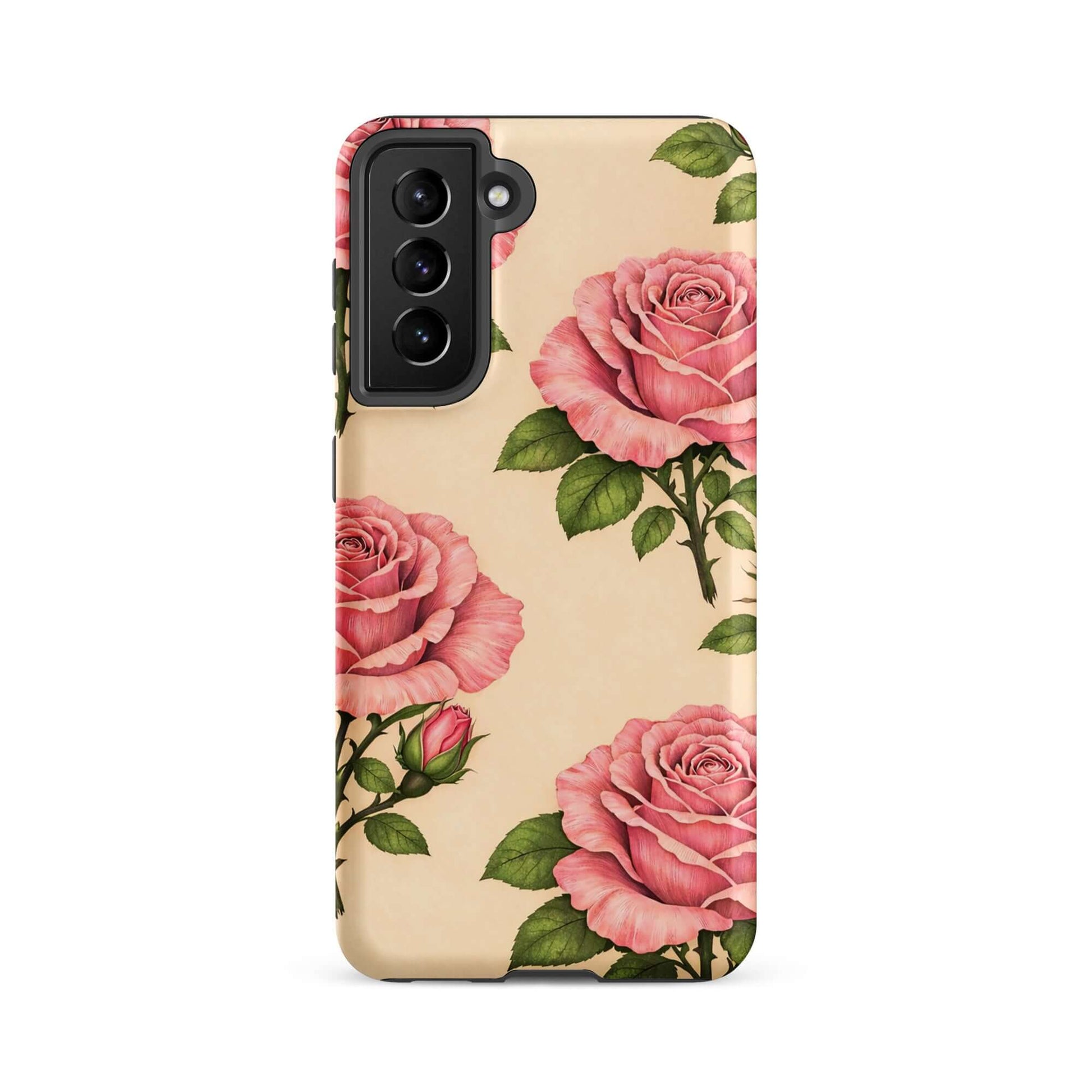 Phone Case for Samsung Galaxy with pink rose and warm cream design, elegant floral protection, lush pink roses and green leaves on cream.