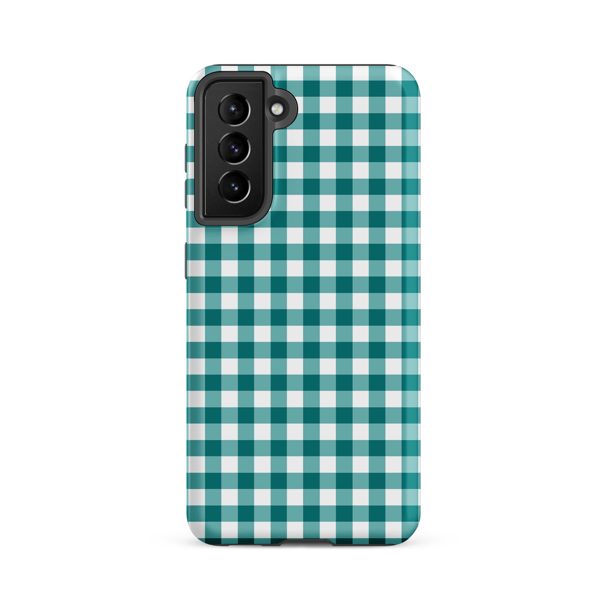 Phone Case for Samsung Galaxy in teal and white gingham pattern, offering style and protection.