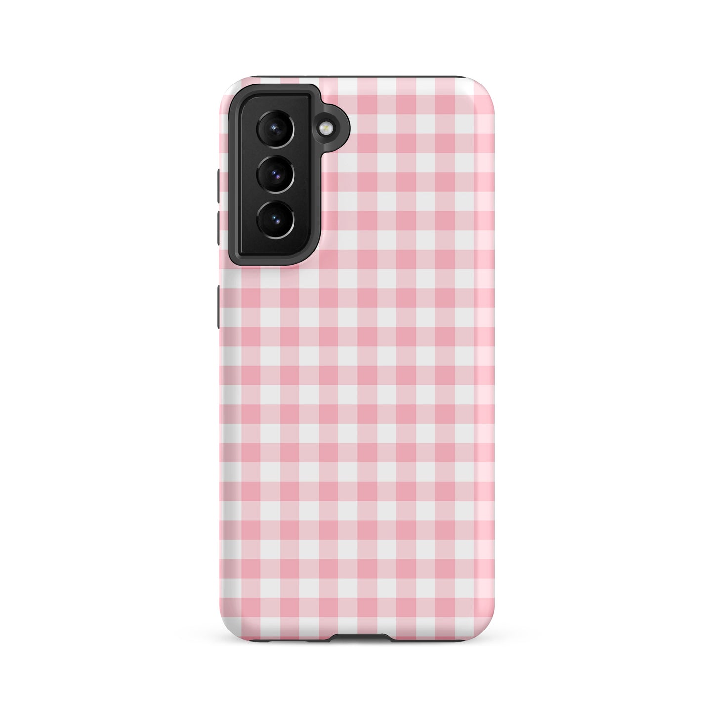Phone Case for Samsung Galaxy with pink and white gingham pattern, combining style and protection.