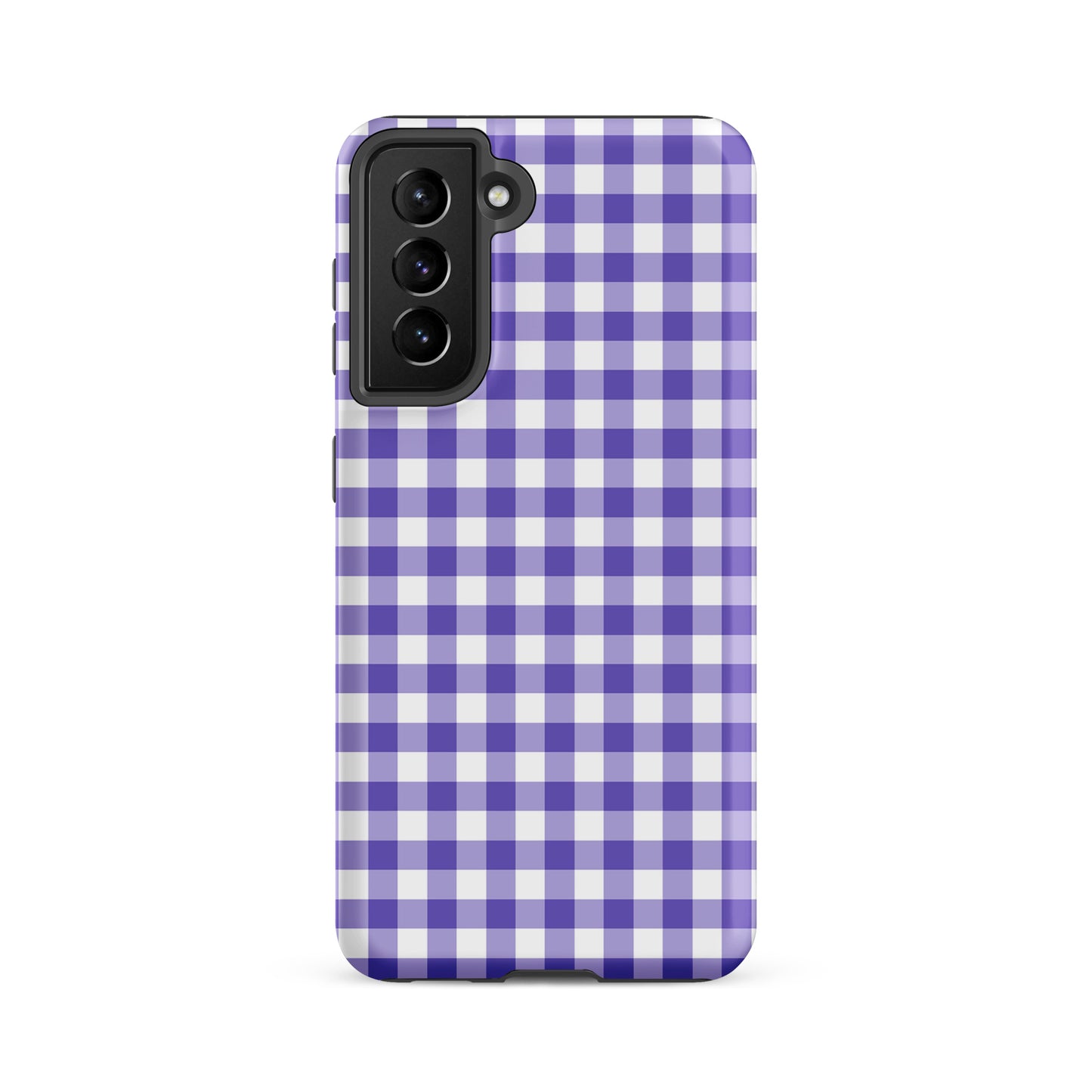 Phone case with purple and white gingham pattern for Samsung Galaxy, combining style and protection.