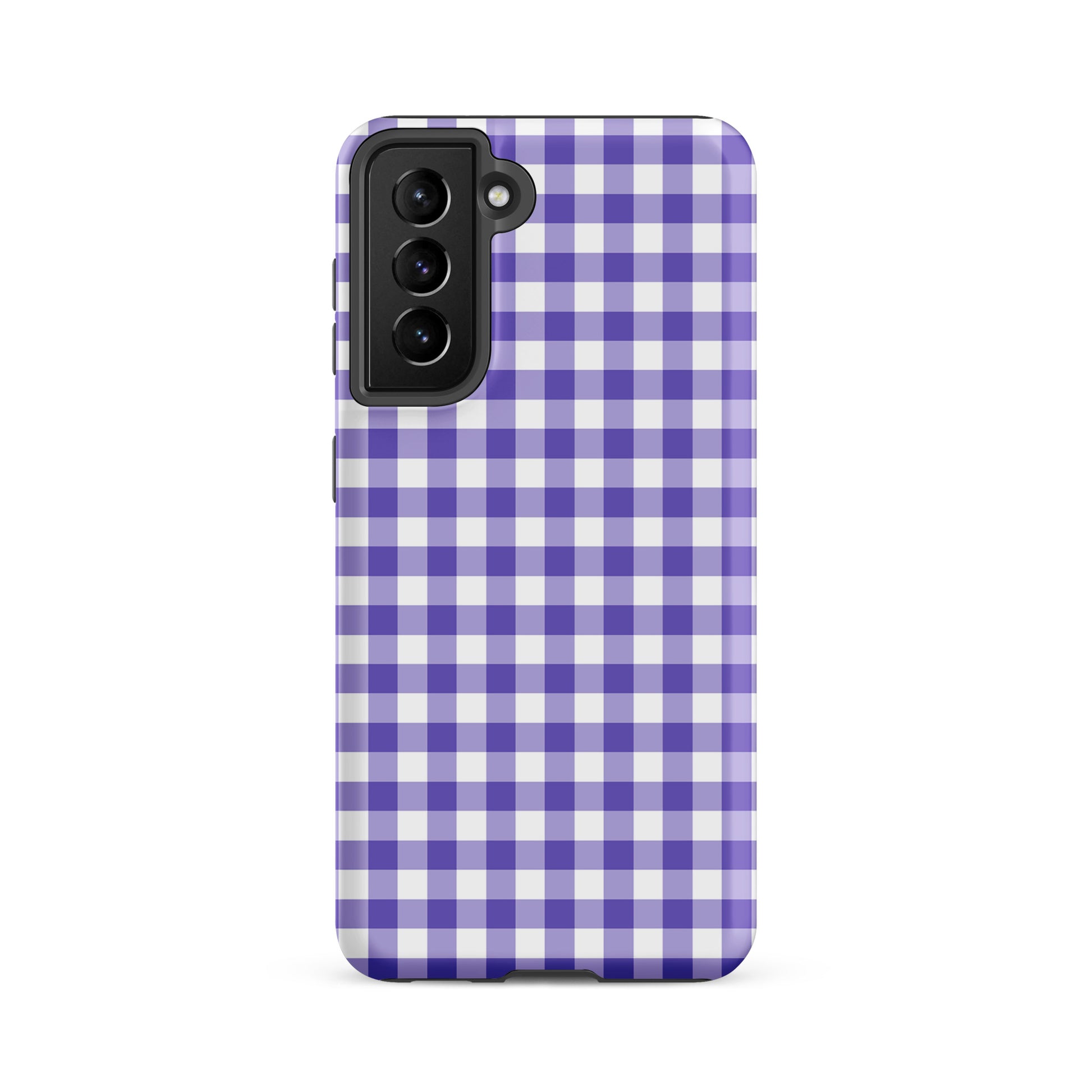 Phone case with purple and white gingham pattern for Samsung Galaxy, combining style and protection.