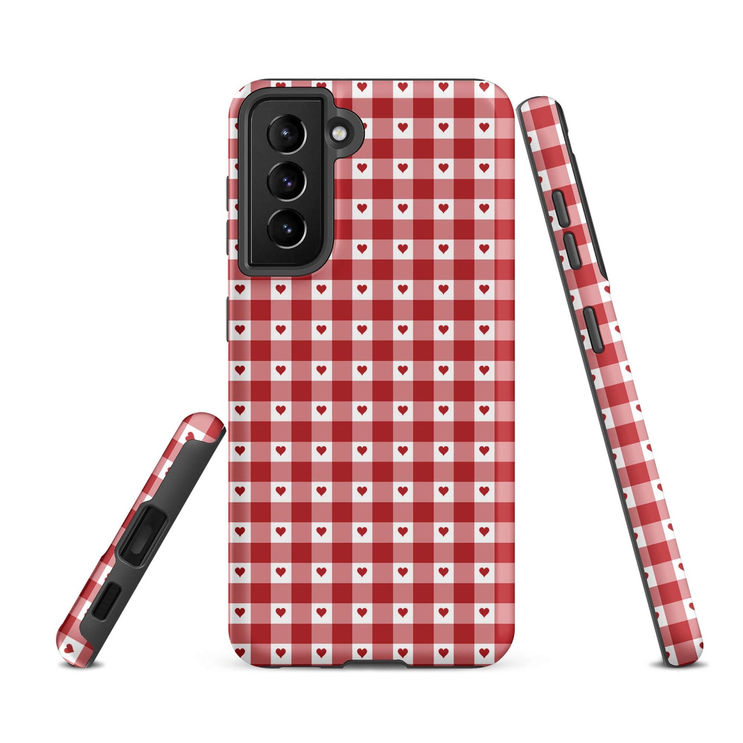 Phone Case for Samsung Galaxy with red-and-white gingham heart pattern, showcasing stylish design and luxury craftsmanship.