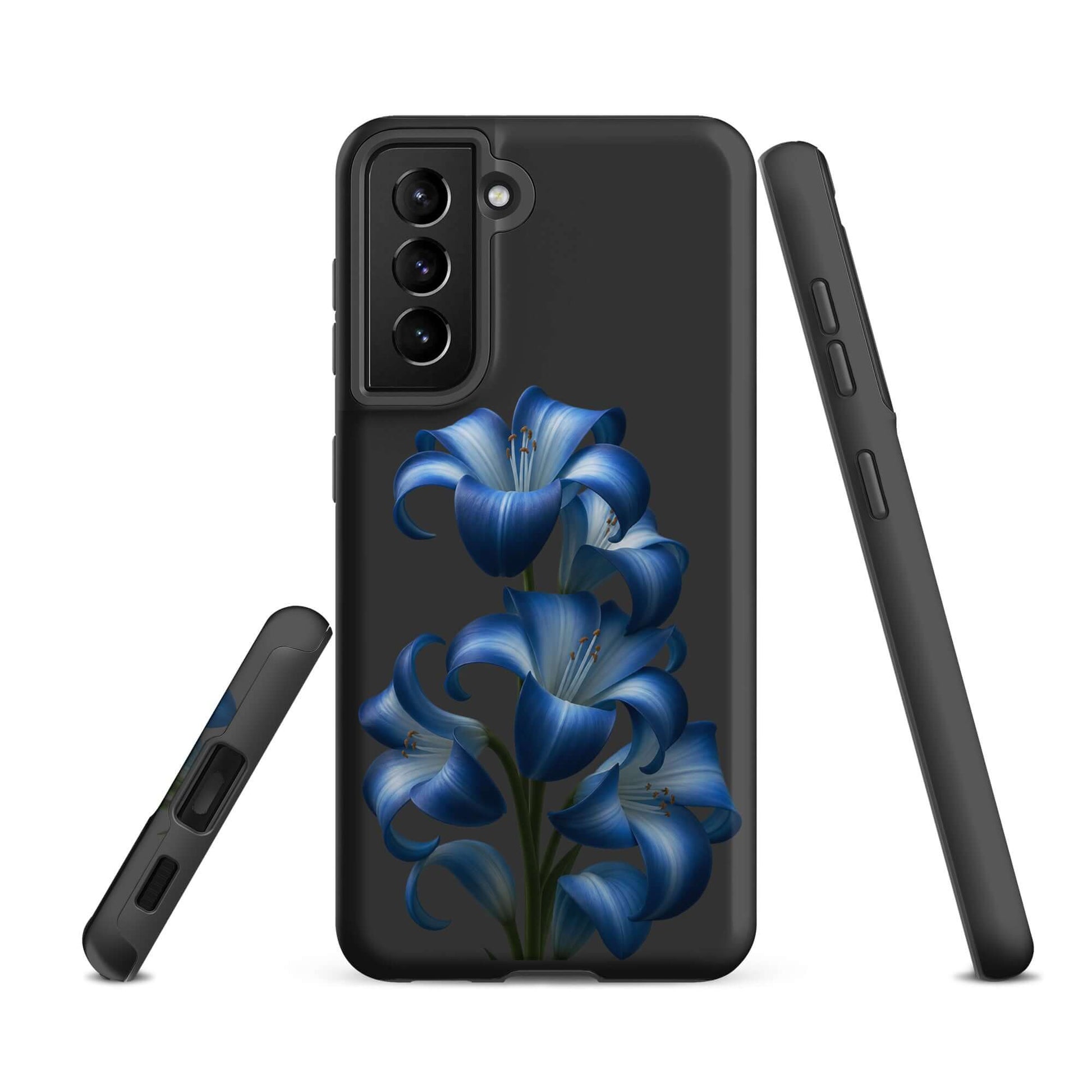 Phone Case for Samsung Galaxy with Blue Lily Bloom design, featuring vibrant blue lilies on a sleek dark background for stylish protection.