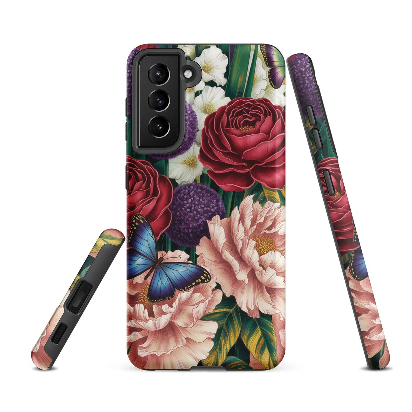 Phone Case for Samsung Galaxy with botanical garden design featuring crimson roses, pink peonies, purple alliums, blue butterflies.