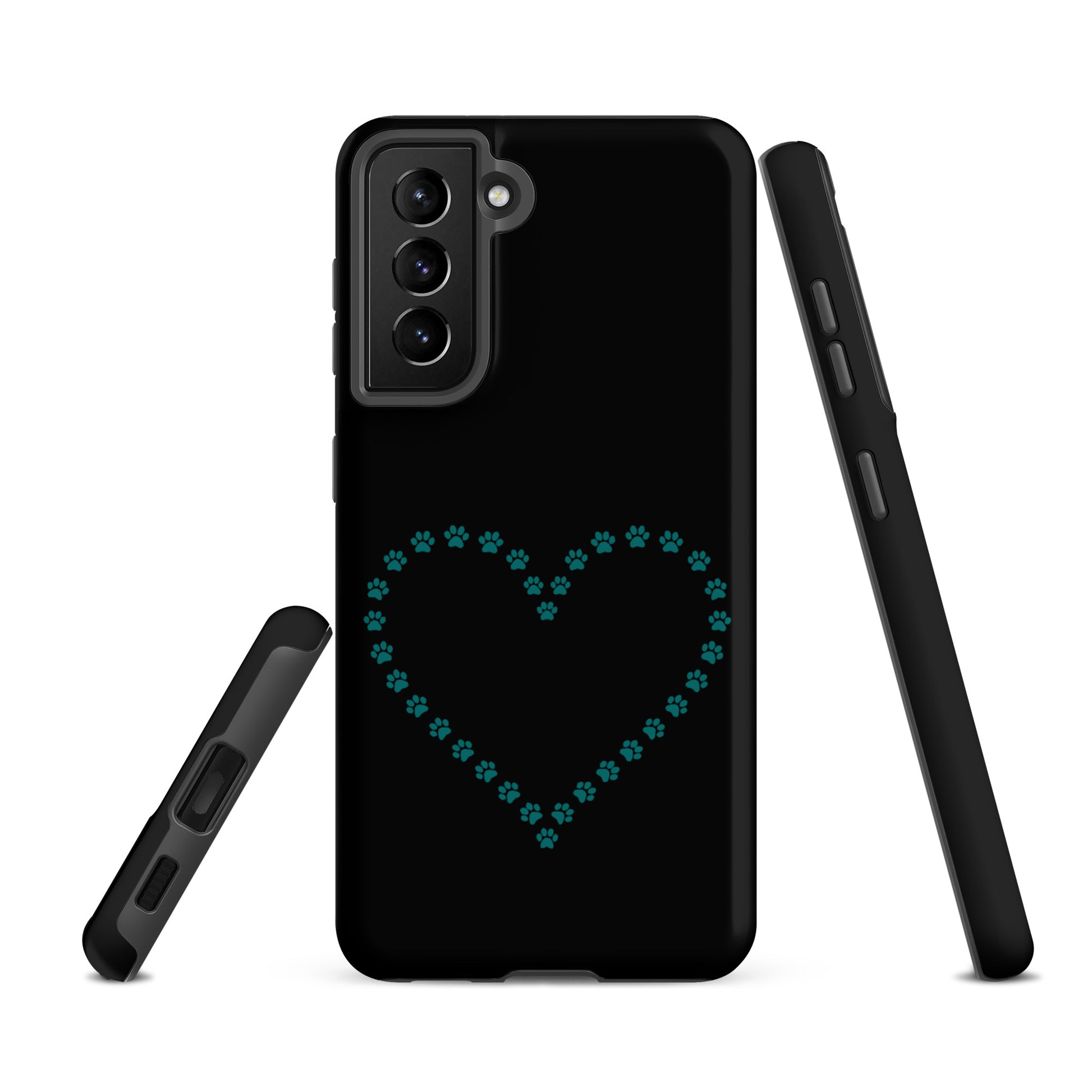Phone Case for Samsung Galaxy with black teal paw print heart design for pet lovers