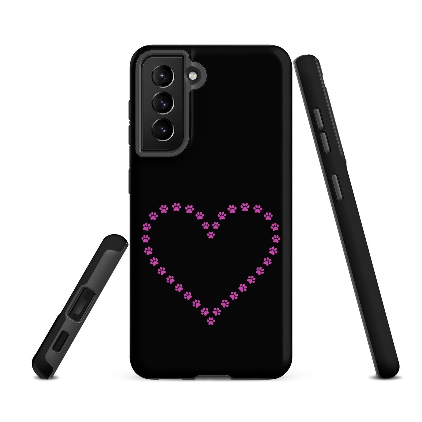 Phone Case for Samsung Galaxy with black and pink paw print heart design for pet lovers.