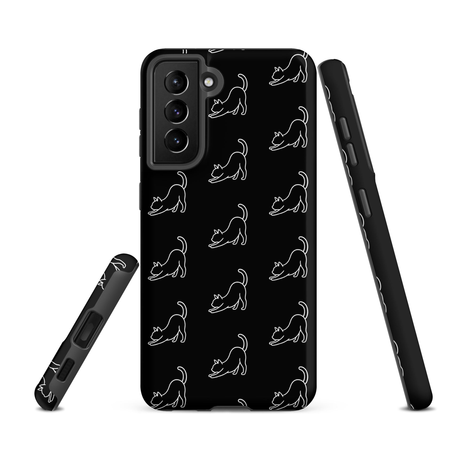 Phone Case for Samsung Galaxy with minimalist stretching cat pattern, black background, designed for cat lovers, offering protection and style.