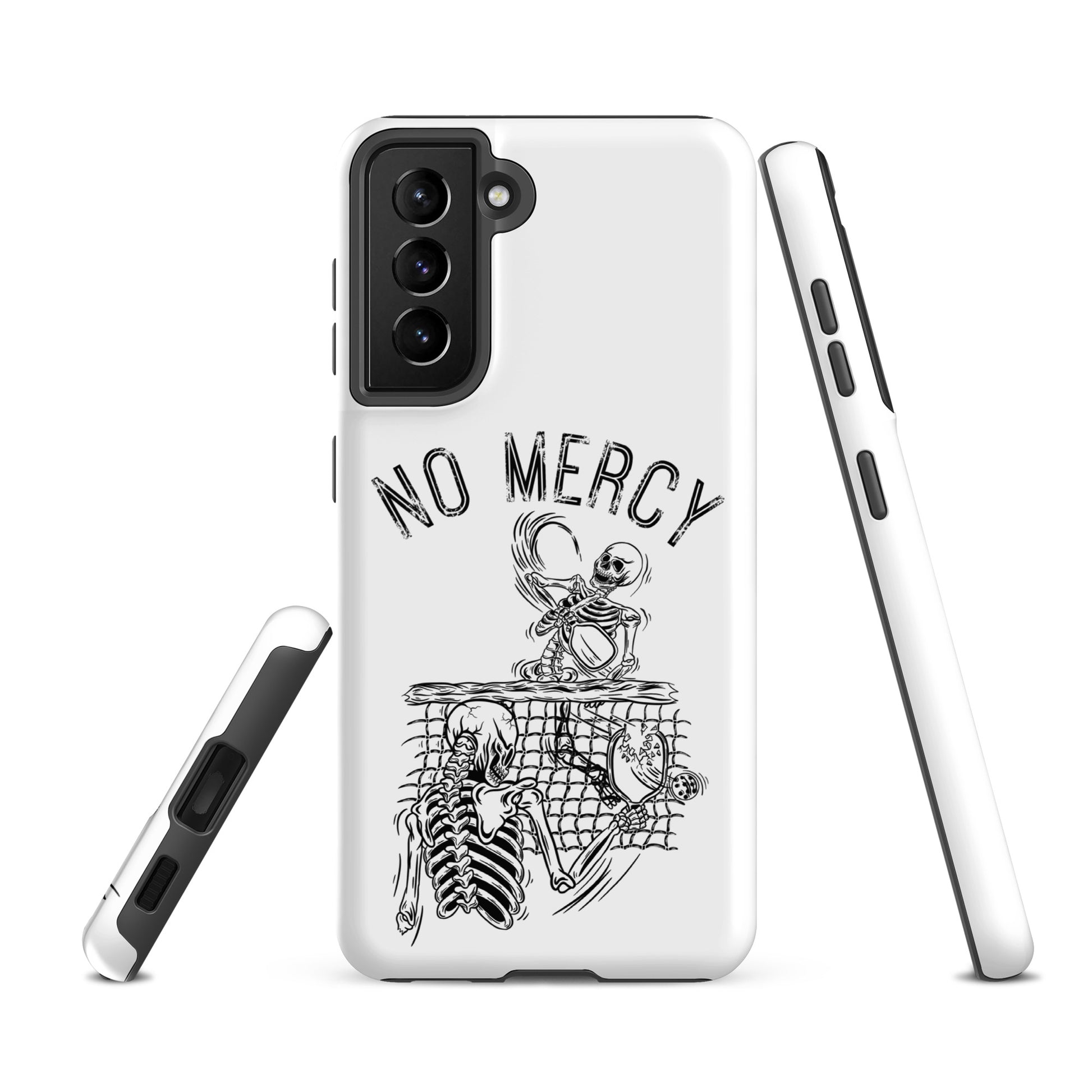Pickleball Samsung Galaxy case with No Mercy design featuring a skeleton at the net, ideal for intense players.
