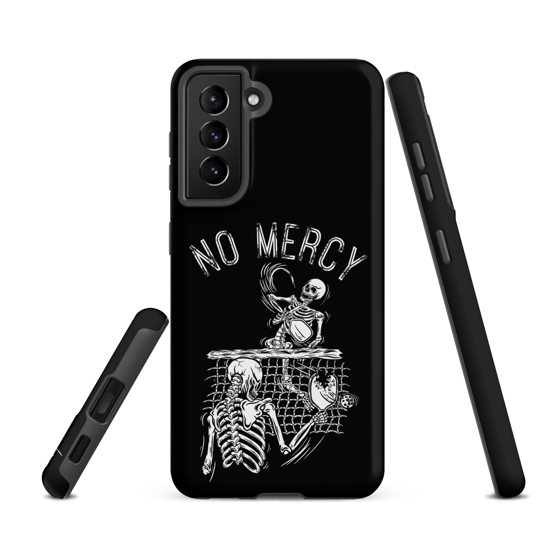Pickleball Samsung Galaxy Case with "No Mercy" skeleton design shown from multiple angles.