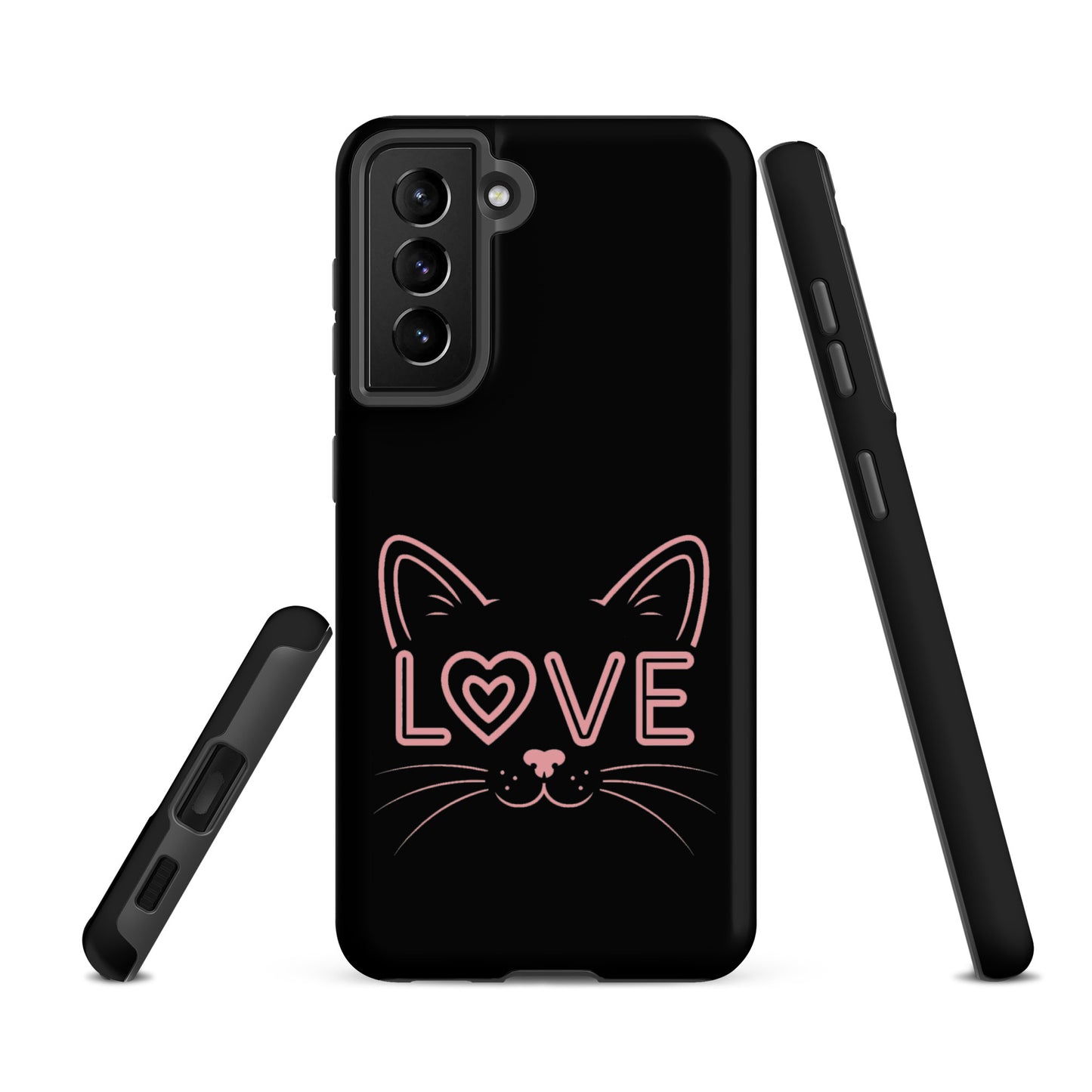 Cat Love phone case for Samsung Galaxy with minimalist cat face design and 'LOVE' text, sleek and stylish for feline enthusiasts.