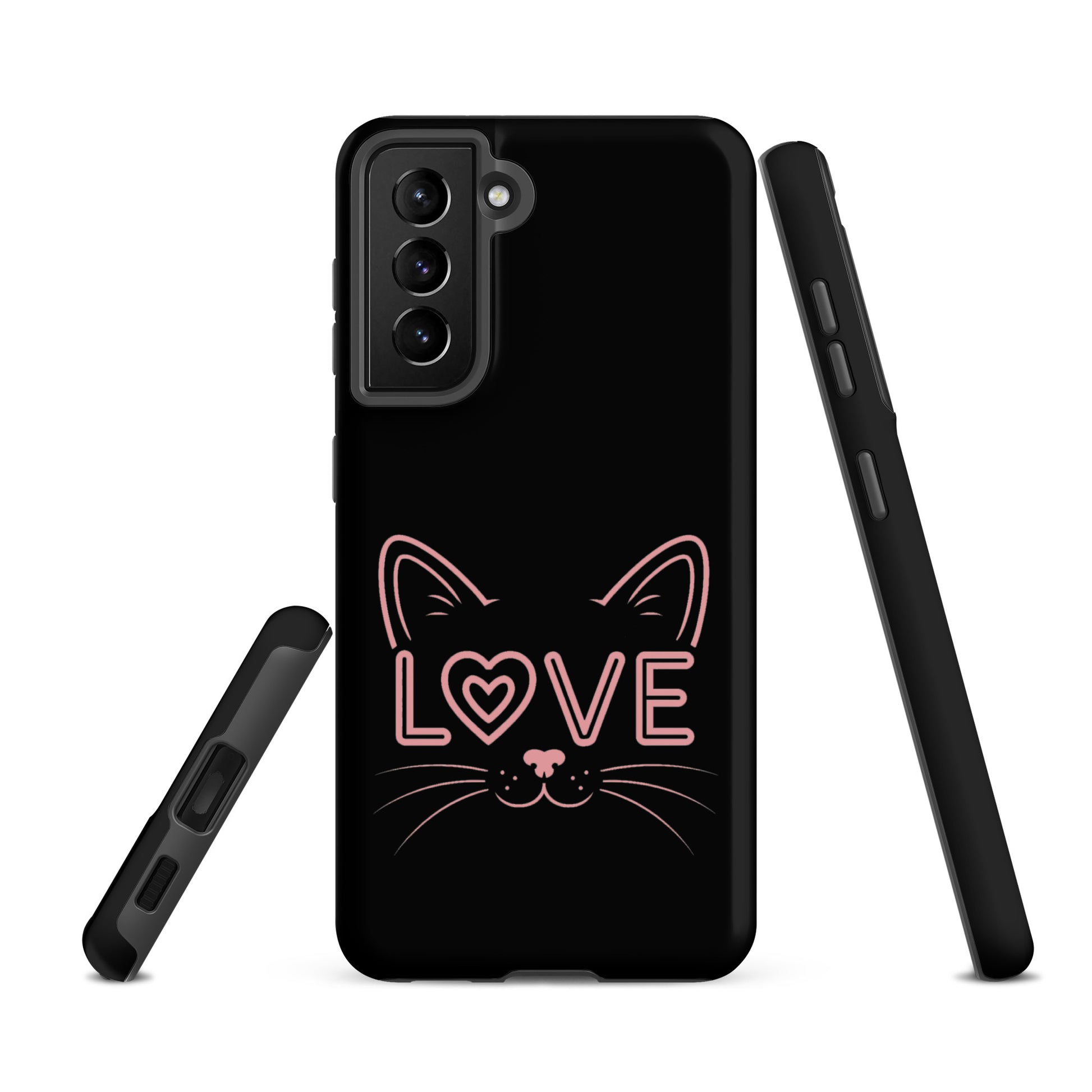 Cat Love phone case for Samsung Galaxy with minimalist cat face design and 'LOVE' text, sleek and stylish for feline enthusiasts.