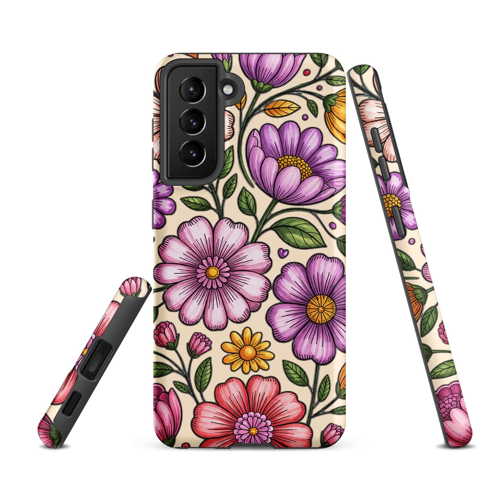 Phone Case for Samsung Galaxy with pastel floral design in pink, peach, lavender, yellow on strong polycarbonate shell.