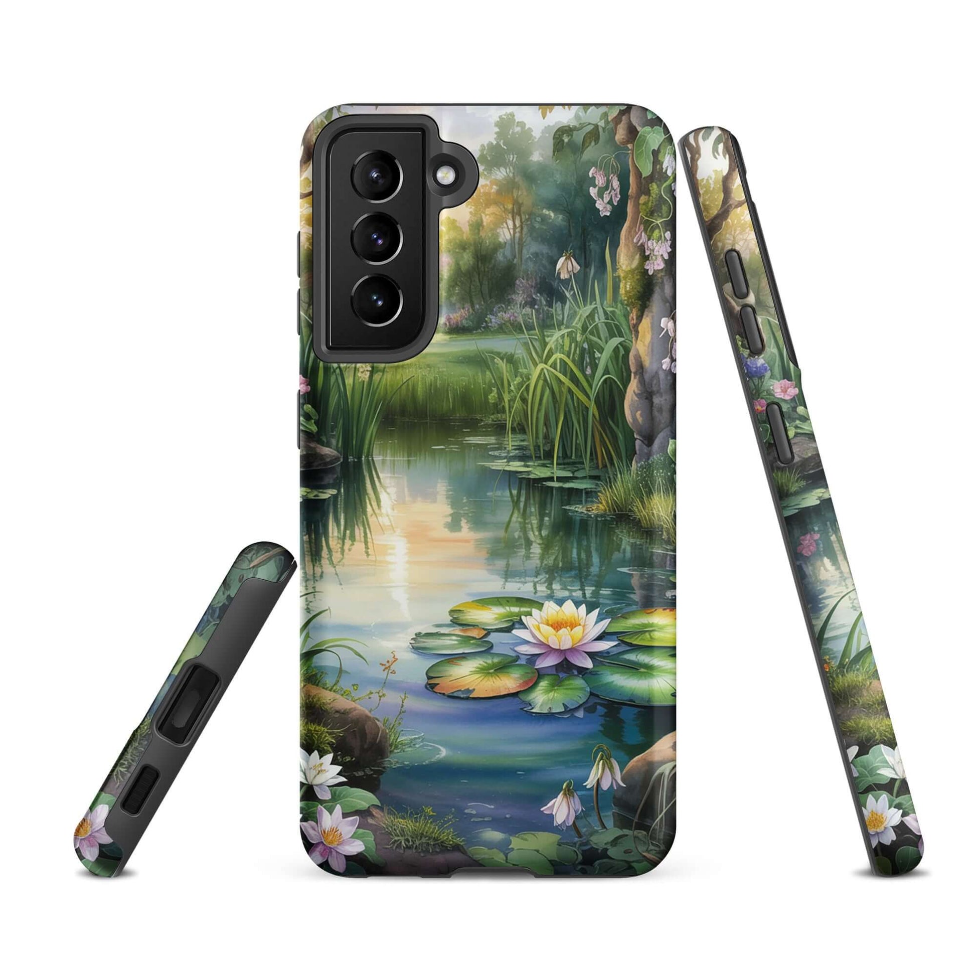 Phone Case for Samsung Galaxy with enchanted pond design featuring lily pads, sunset light, and wildflowers. Tranquil water lilies phone case.