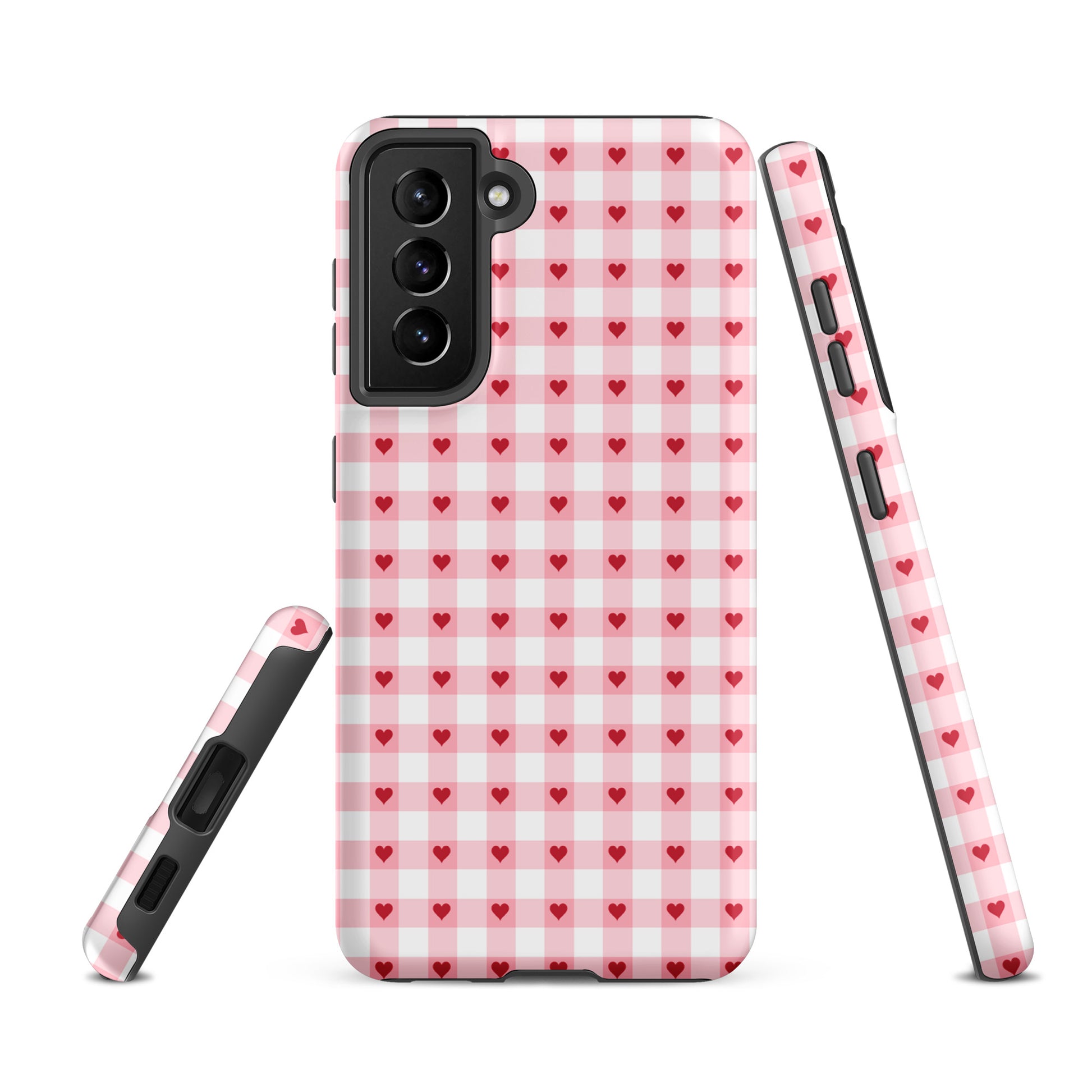 Phone Case for Samsung Galaxy in pink-and-white gingham with red hearts, showcasing style and durability.