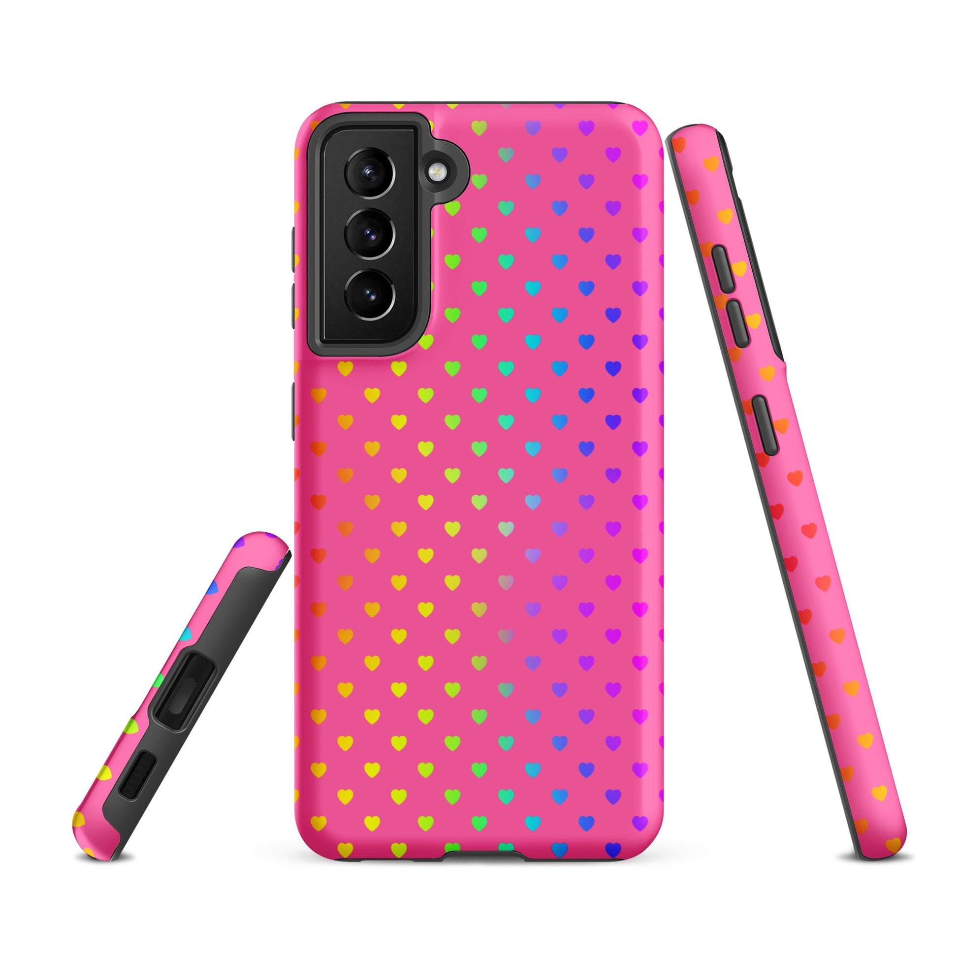 Phone case for Samsung Galaxy with cute rainbow heart design on pink background, featuring playful and protective dual-layer construction.
