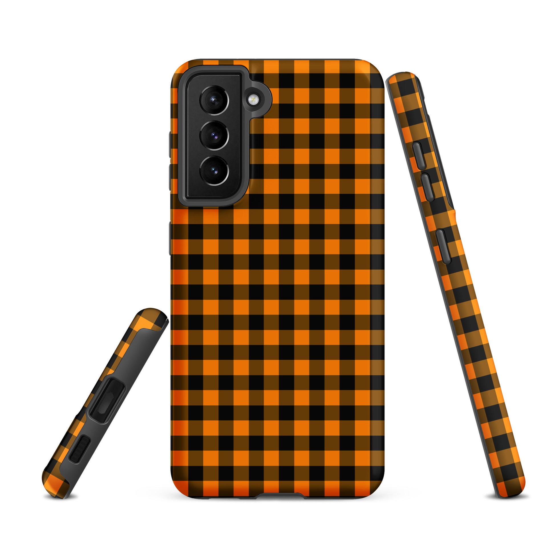 Black-and-orange gingham phone case for Samsung Galaxy with a stylish Autumn theme, offering chic design and durability.