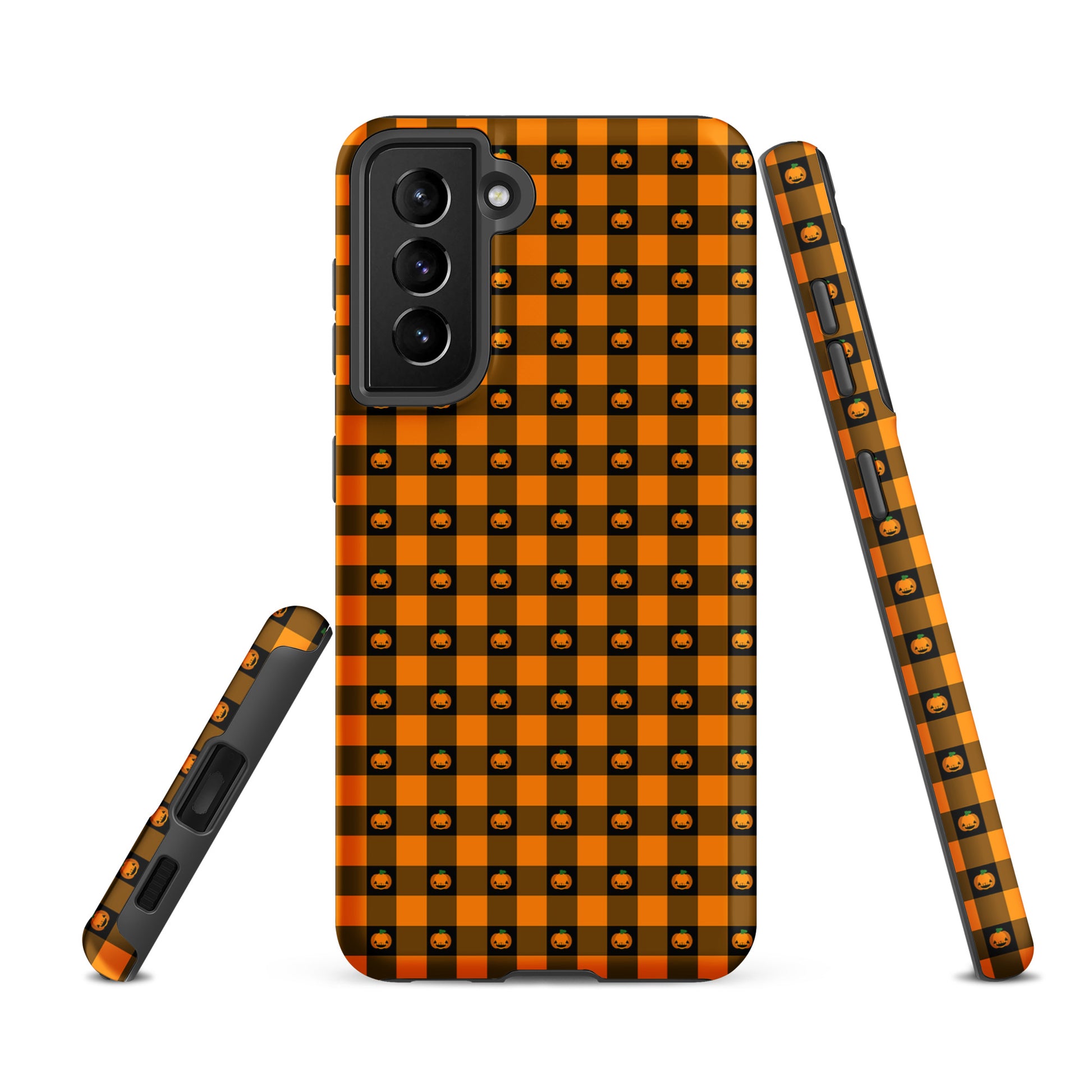 Phone Case for Samsung Galaxy with playful pumpkin gingham Halloween design, showcasing orange and black squares with jack-o'-lanterns.