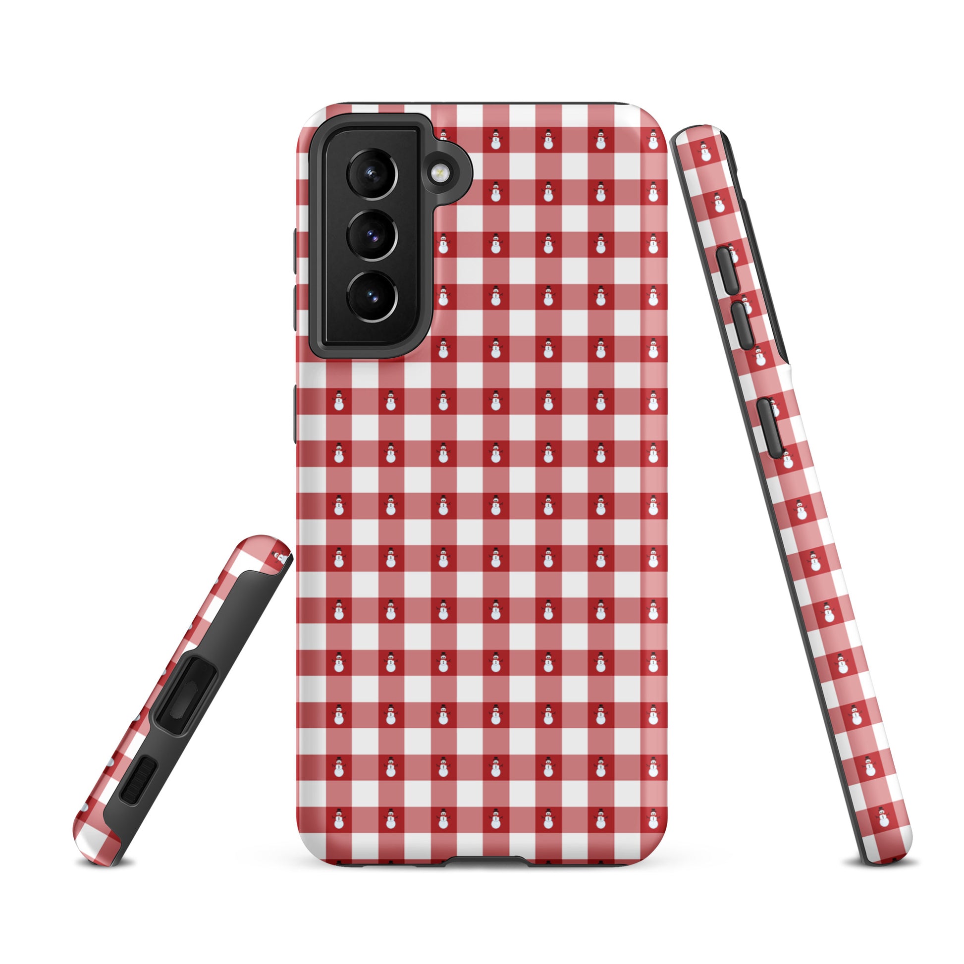 Phone Case for Samsung Galaxy with snowman gingham winter design, red and white checkered pattern for holiday style and protection.