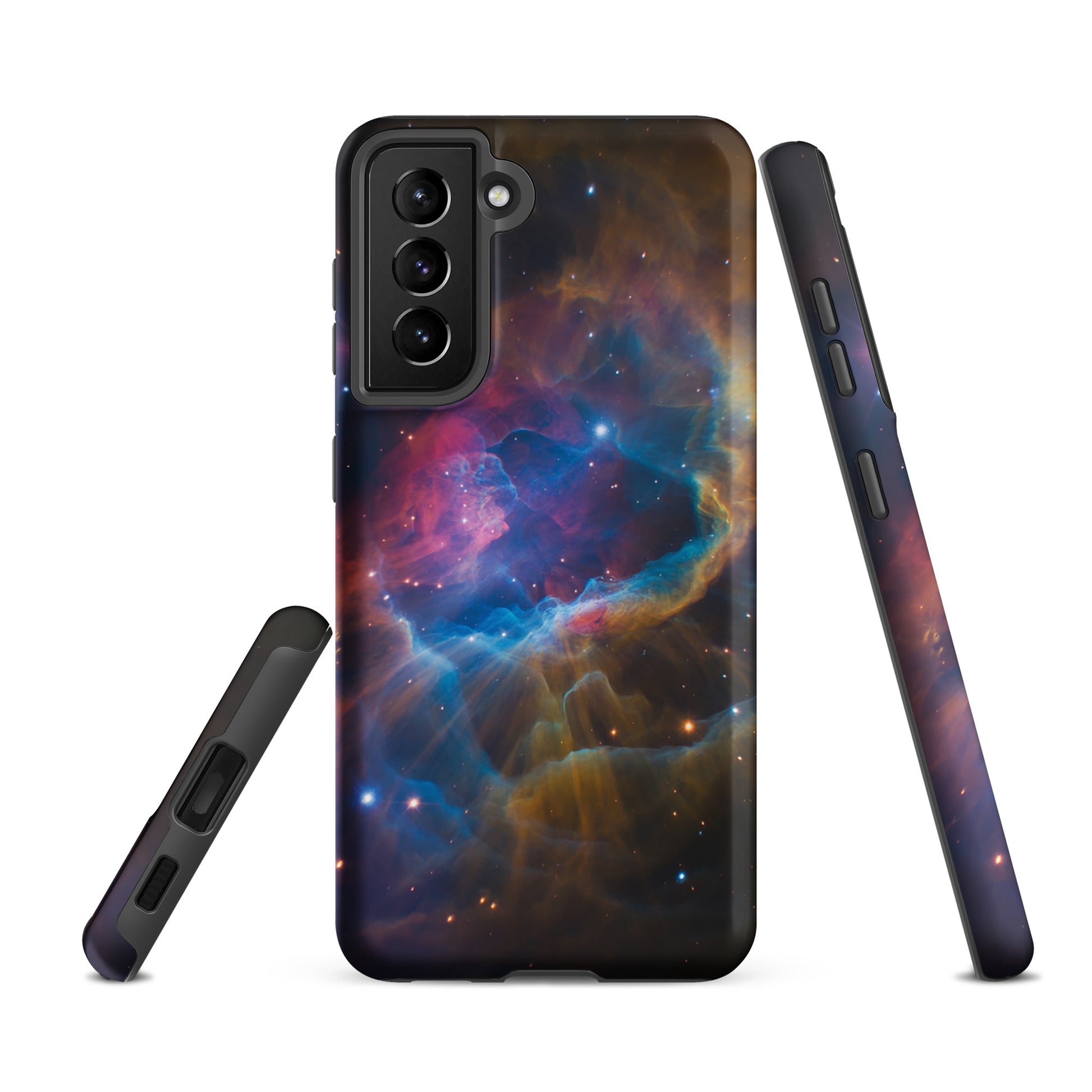 Phone Case for Samsung Galaxy with nebula starburst design featuring blue, orange, and pink cosmic swirls.