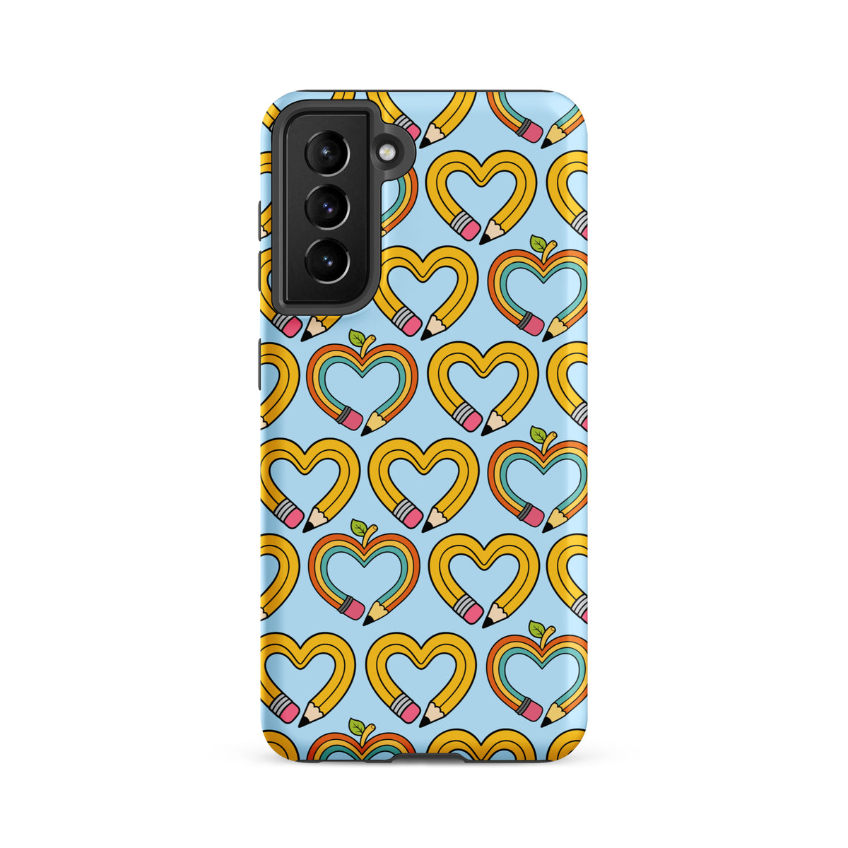 Phone Case with playful pencil-heart pattern for Samsung Galaxy, featuring whimsical pencil hearts with green leaves on a blue background.