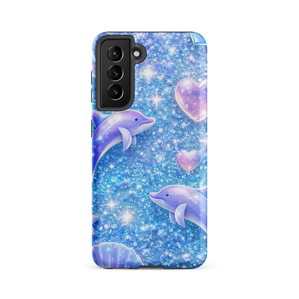 Phone Case for Samsung Galaxy with Ocean Glitter Dolphins design, featuring shimmering glitter, pastel moons, and floating dolphins.