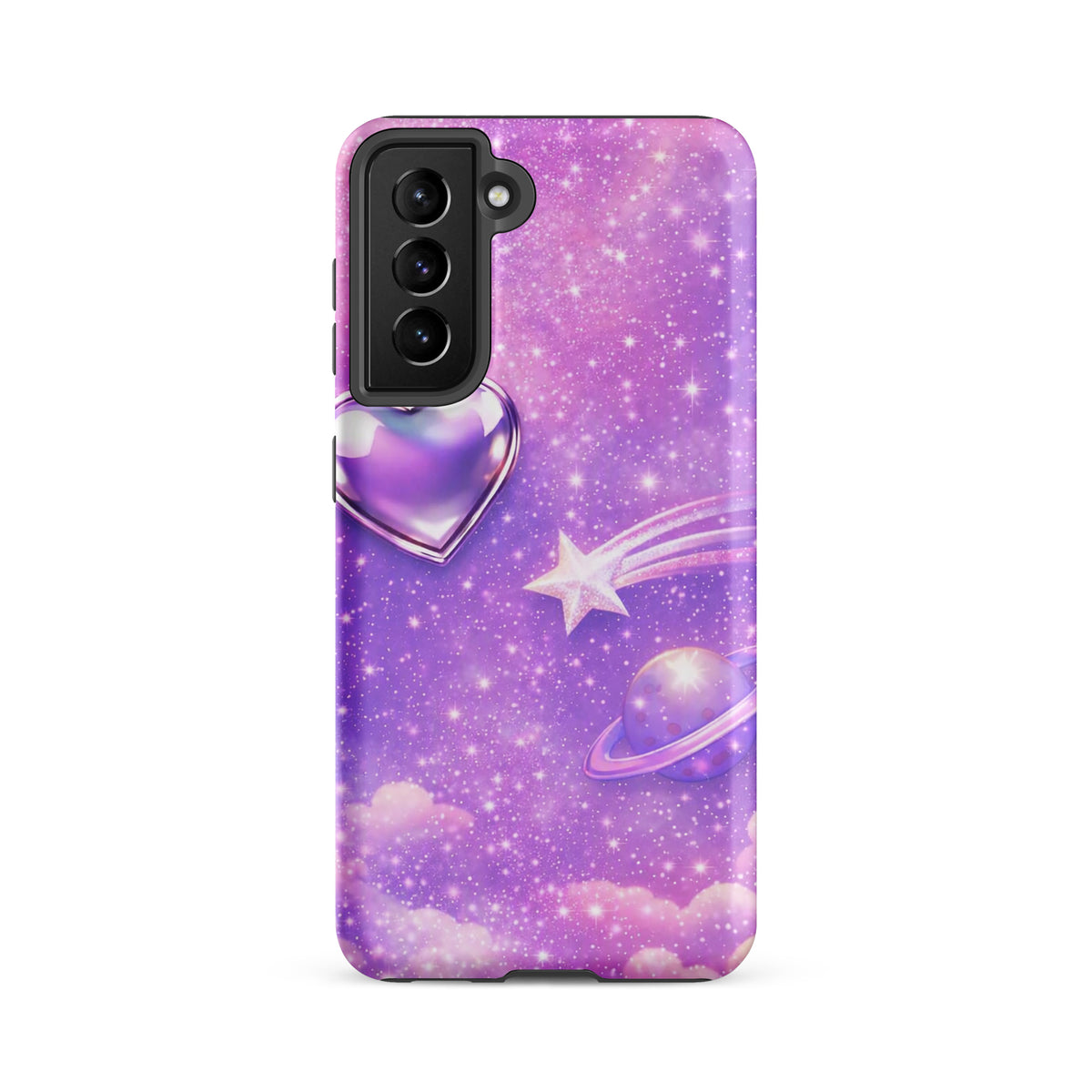 Phone Case for Samsung Galaxy with cosmic heart, shooting star, and celestial design in pink and purple hues.