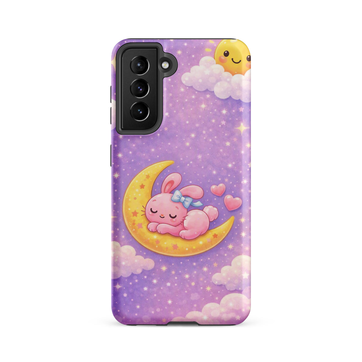 Phone Case for Samsung Galaxy - Cute, Cozy, Dreamy Bunny Moon Design with a pastel celestial scene and pink bunny on a crescent moon