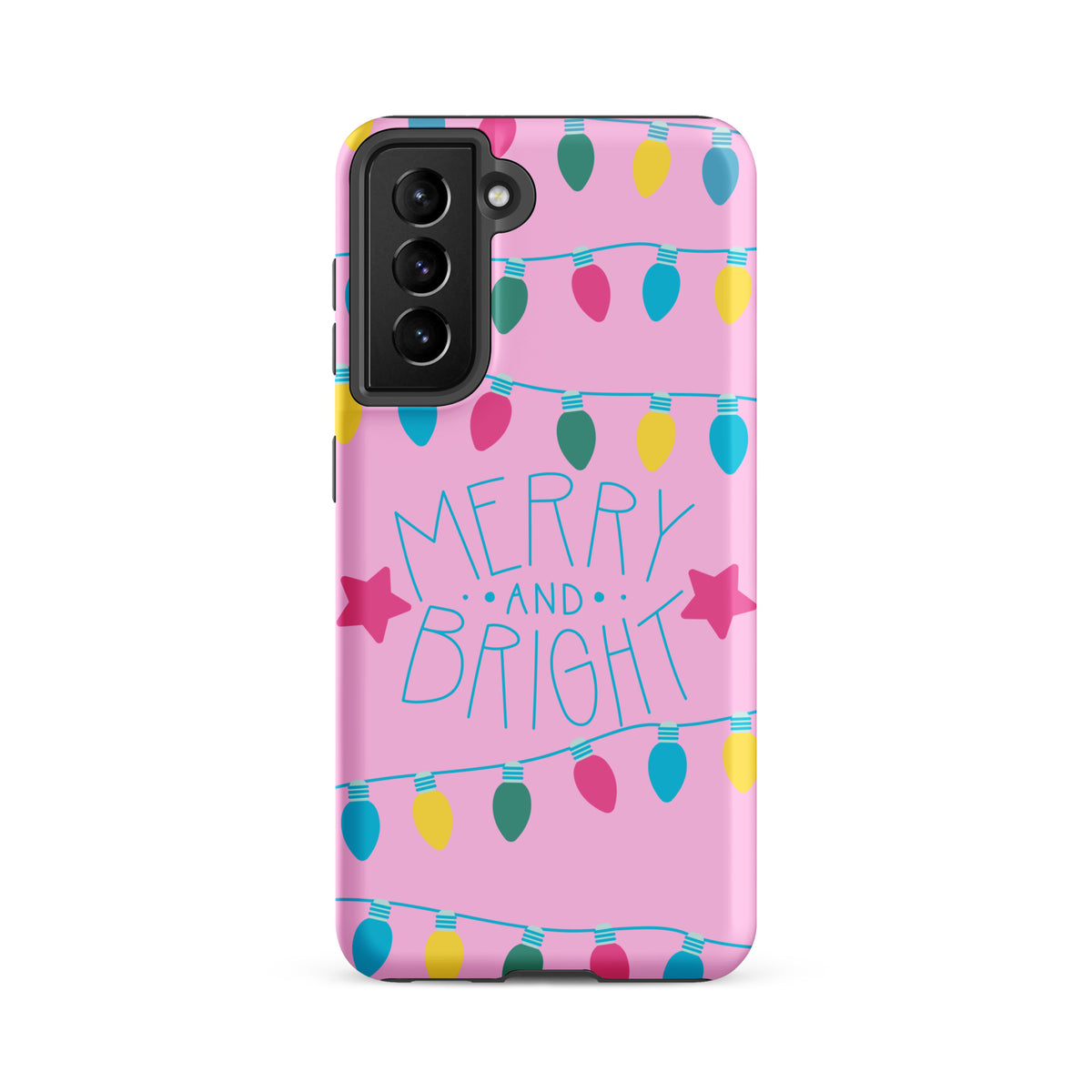 Phone Case with festive lights and Merry and Bright text on pink for Samsung Galaxy