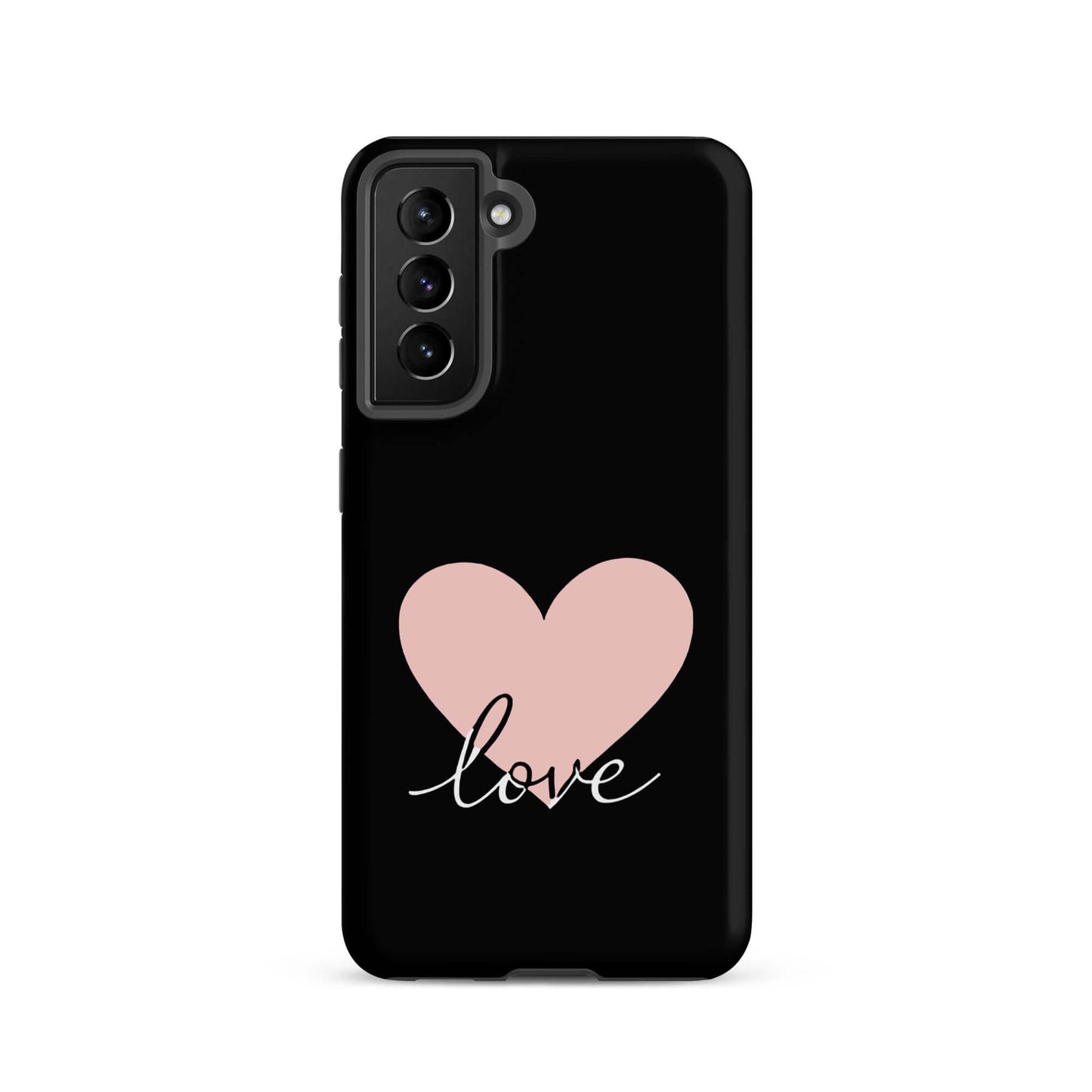 Phone Case Samsung Galaxy featuring heart and script love design on sleek black background.