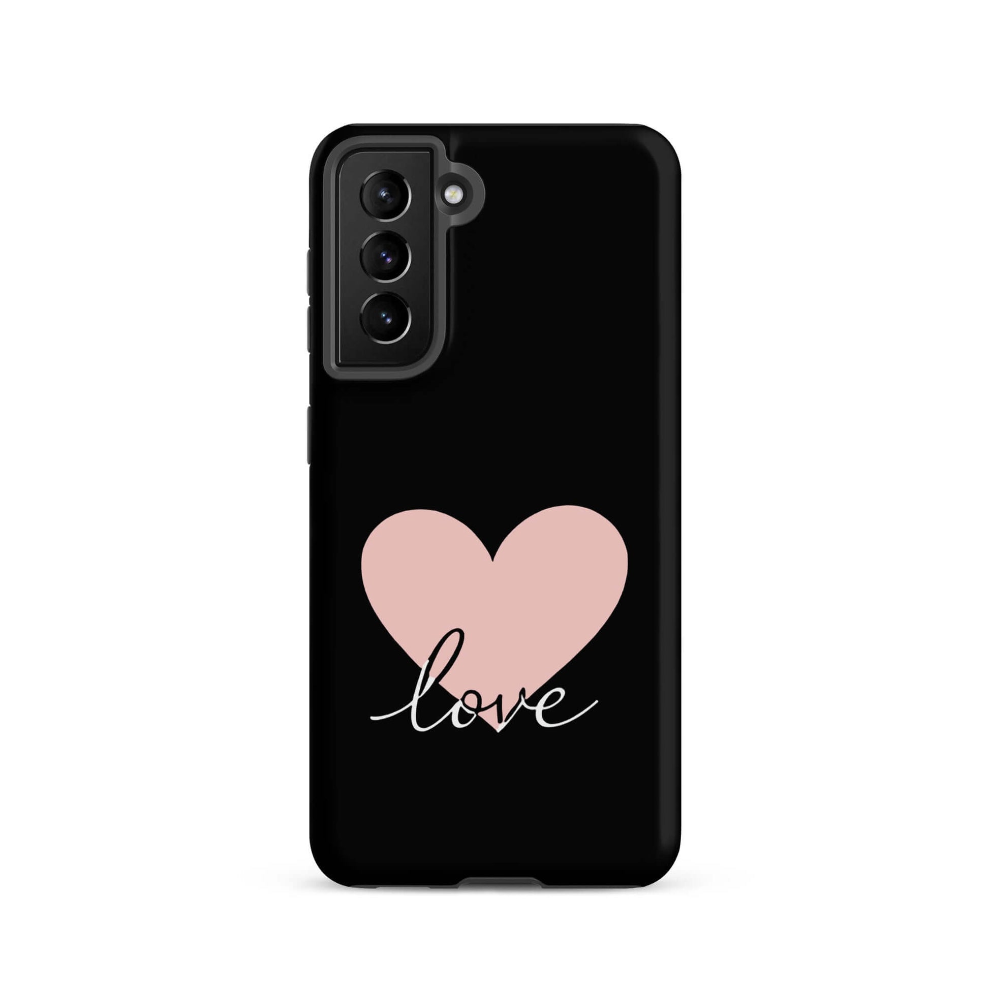Phone Case Samsung Galaxy featuring heart and script love design on sleek black background.
