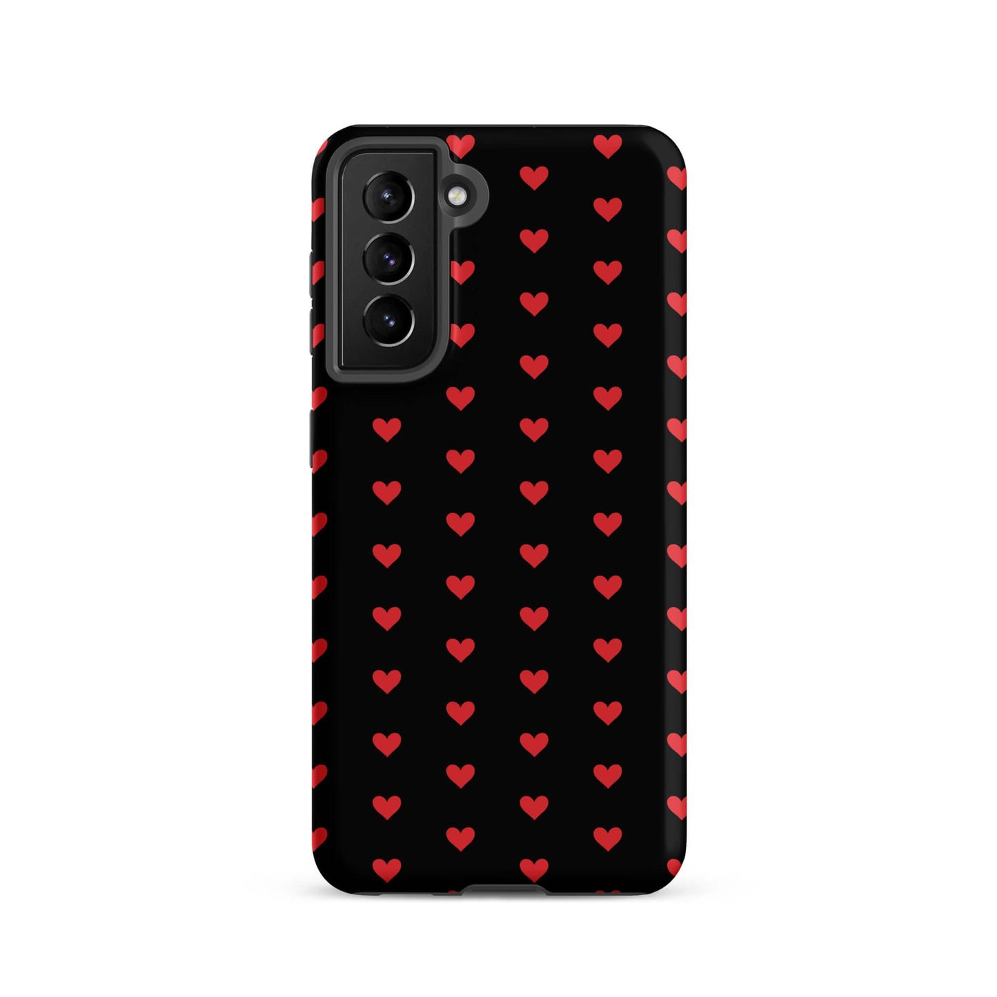 Phone Case featuring a pattern of fiery red hearts on a sleek black background, perfect for Samsung Galaxy.