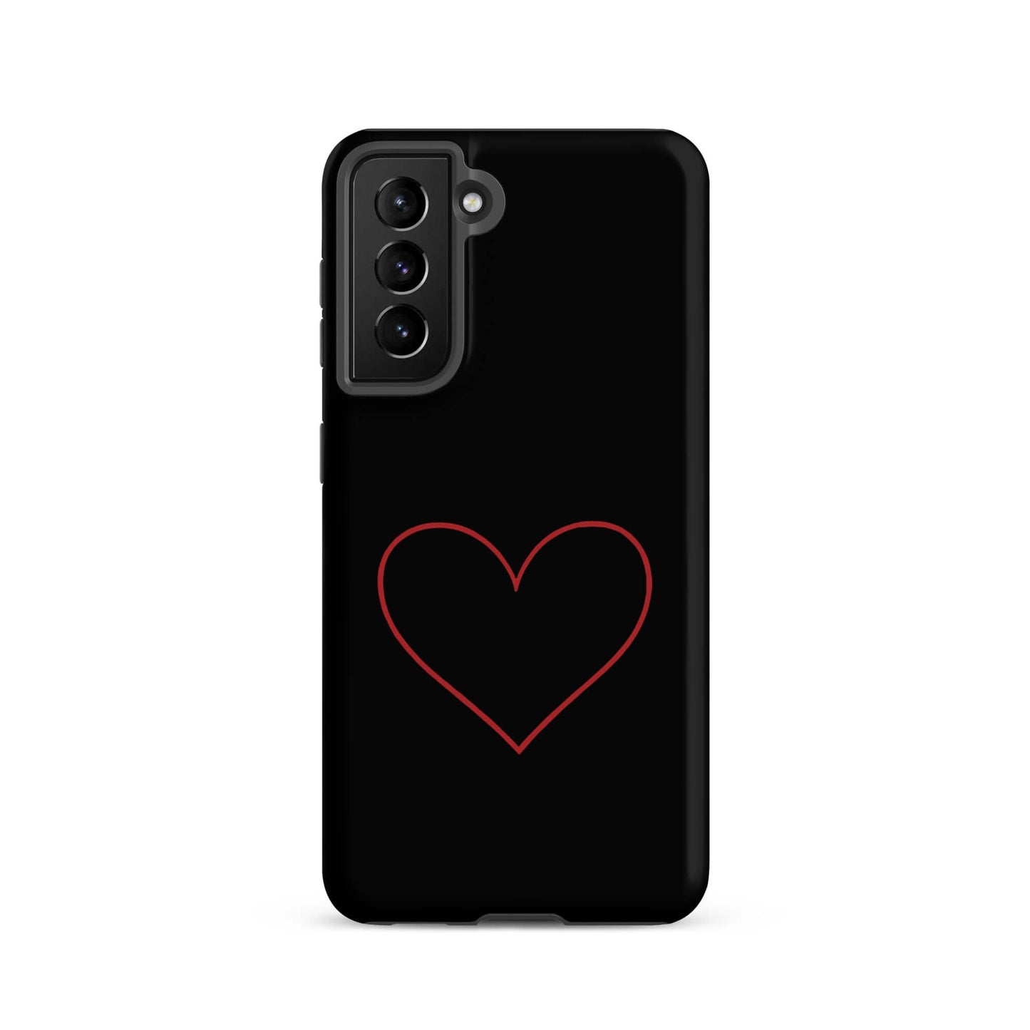 Phone Case for Samsung Galaxy featuring a minimalist crimson heart design on a sleek black background.