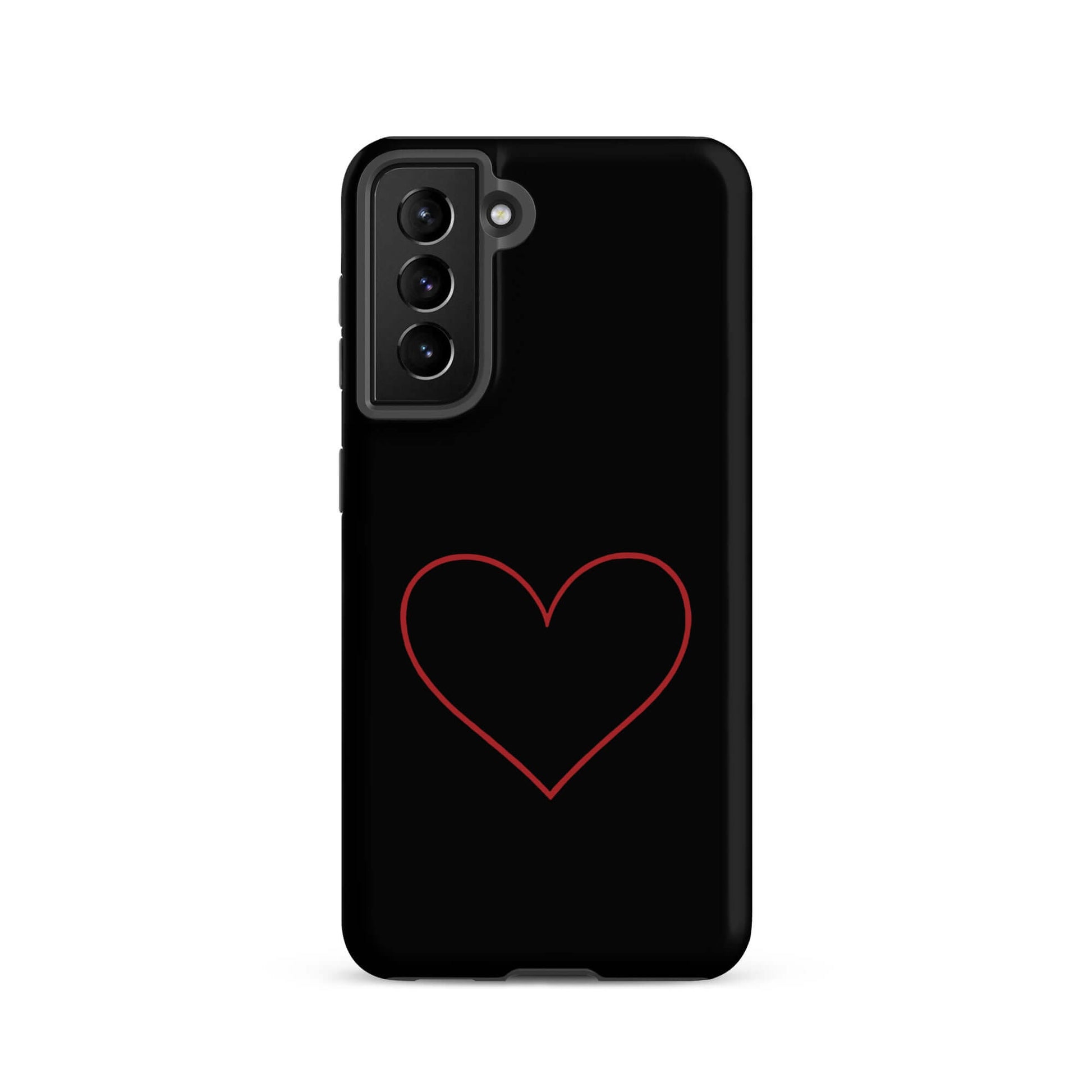 Phone Case for Samsung Galaxy featuring a minimalist crimson heart design on a sleek black background.