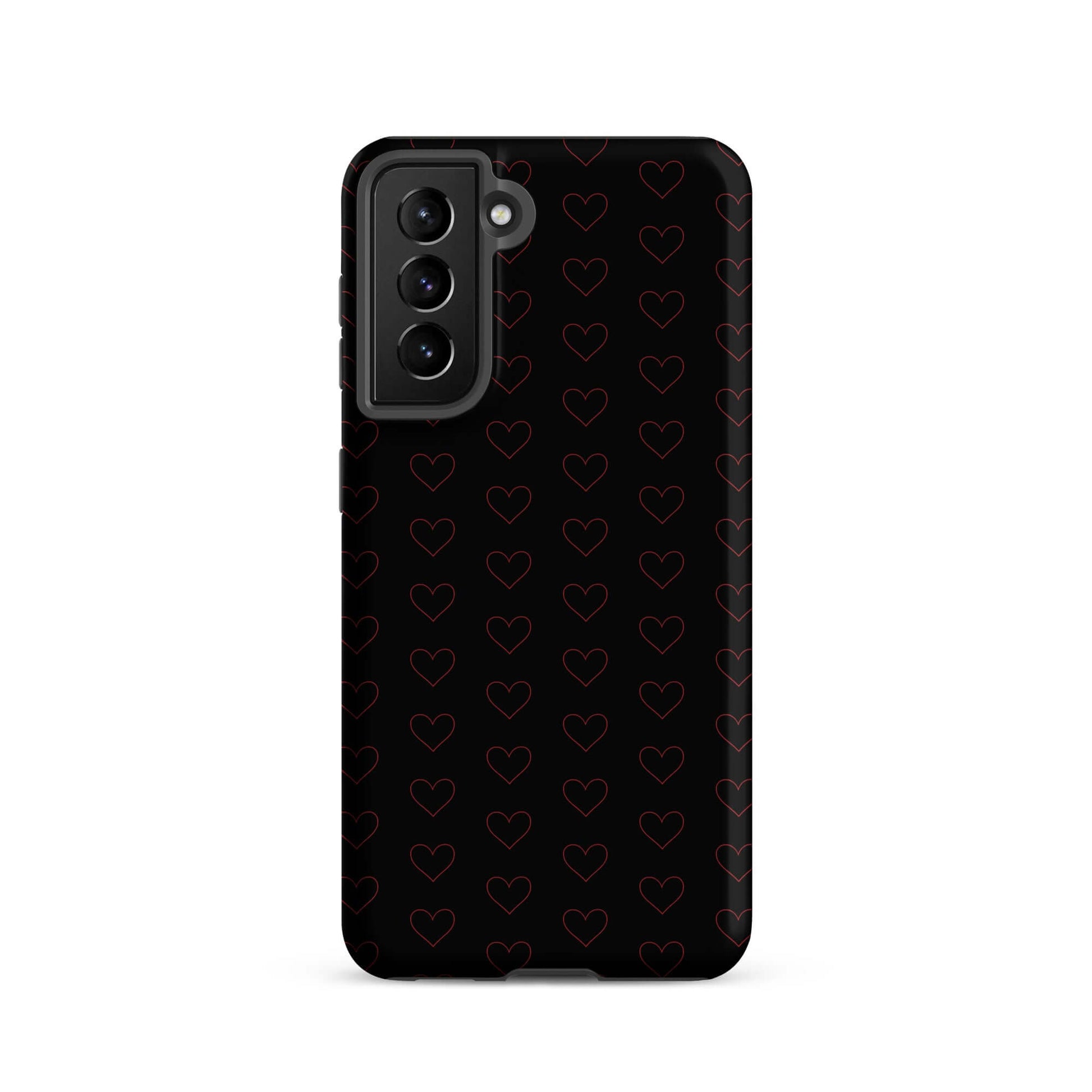 Phone Case for Samsung Galaxy with a crimson heart pattern on a sleek black background.