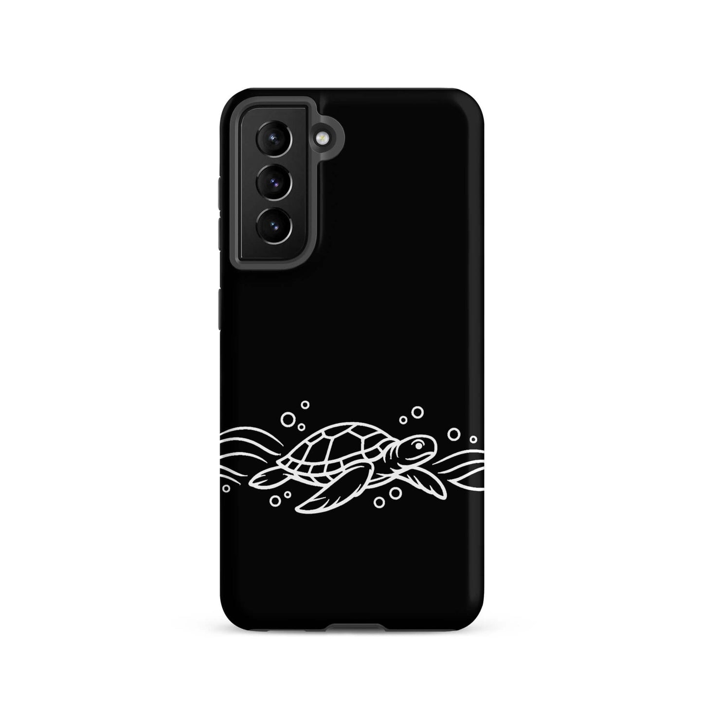 Phone Case for Samsung Galaxy featuring minimalist sea turtle and waves design in white on black background.