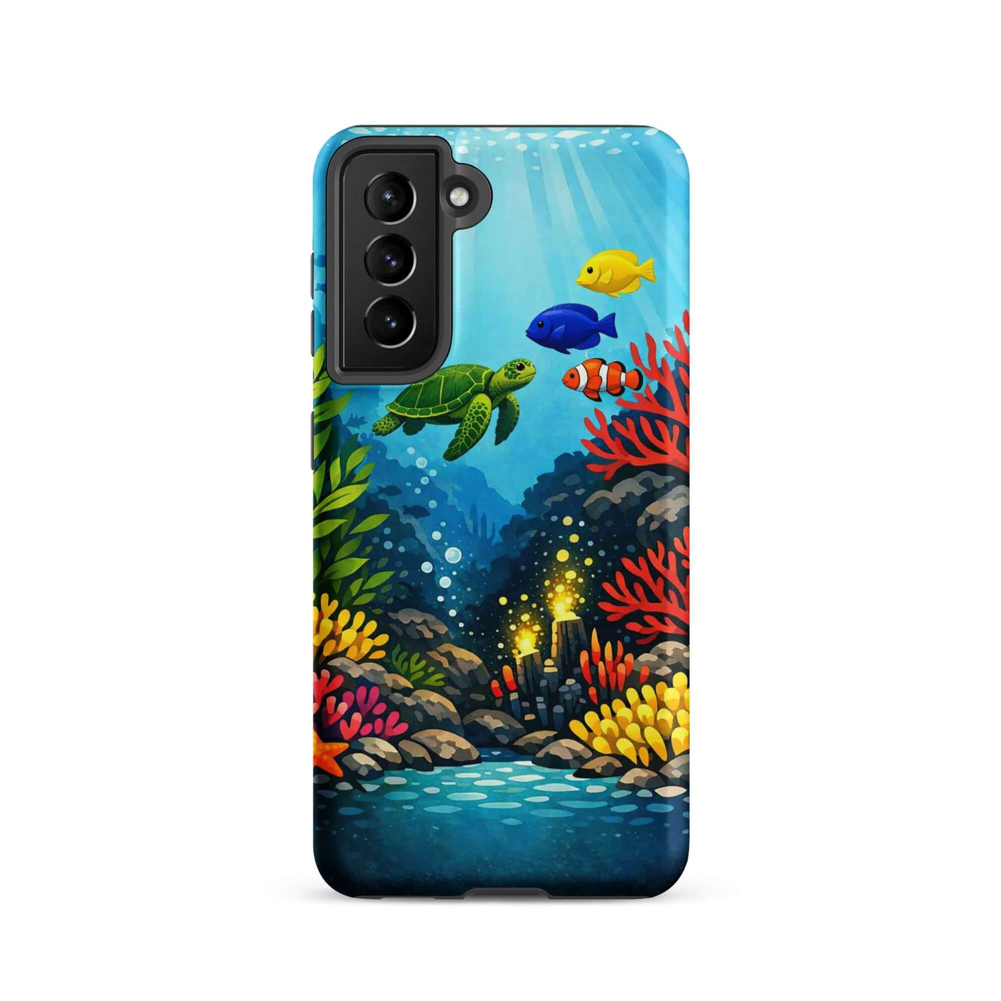 Phone case featuring vibrant sea turtle and colorful coral reef design for Samsung Galaxy.