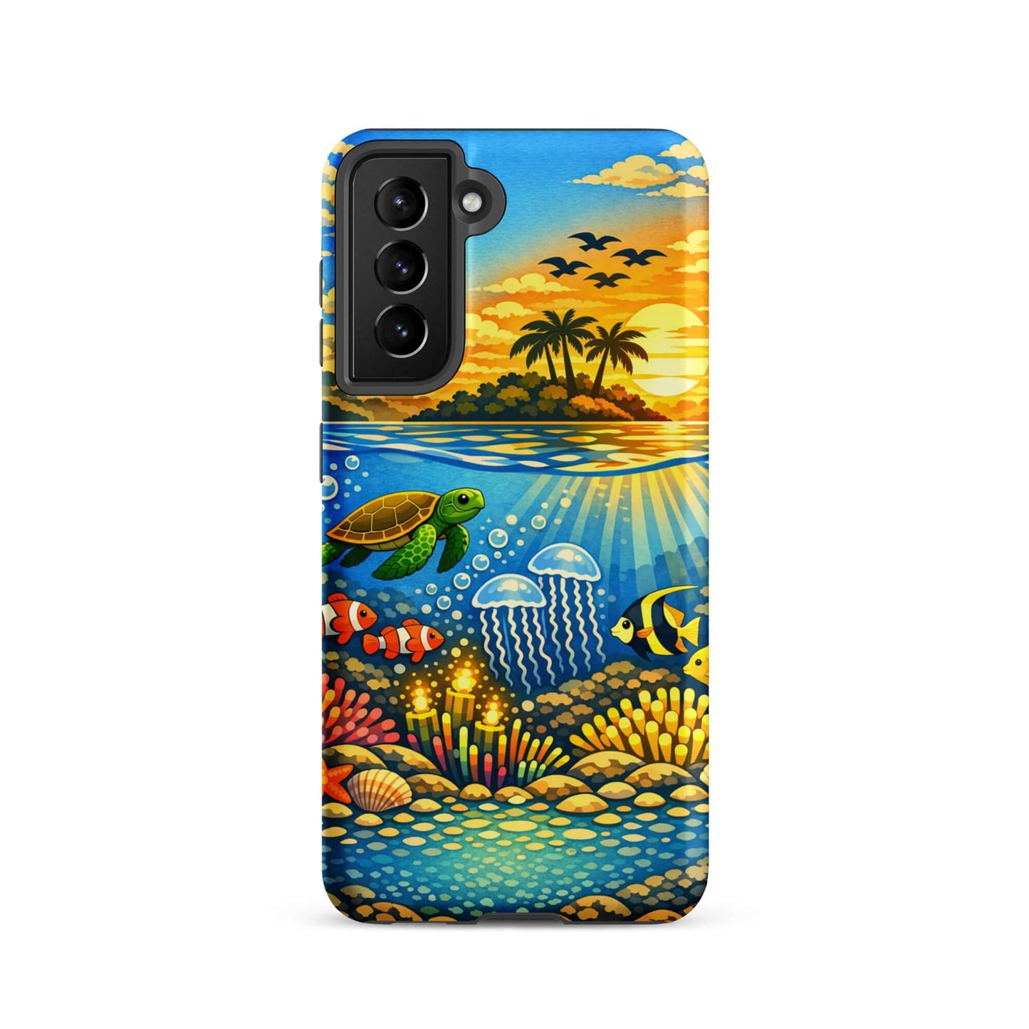 Phone Case for Samsung Galaxy featuring a tropical sunset and vibrant underwater reef scene.