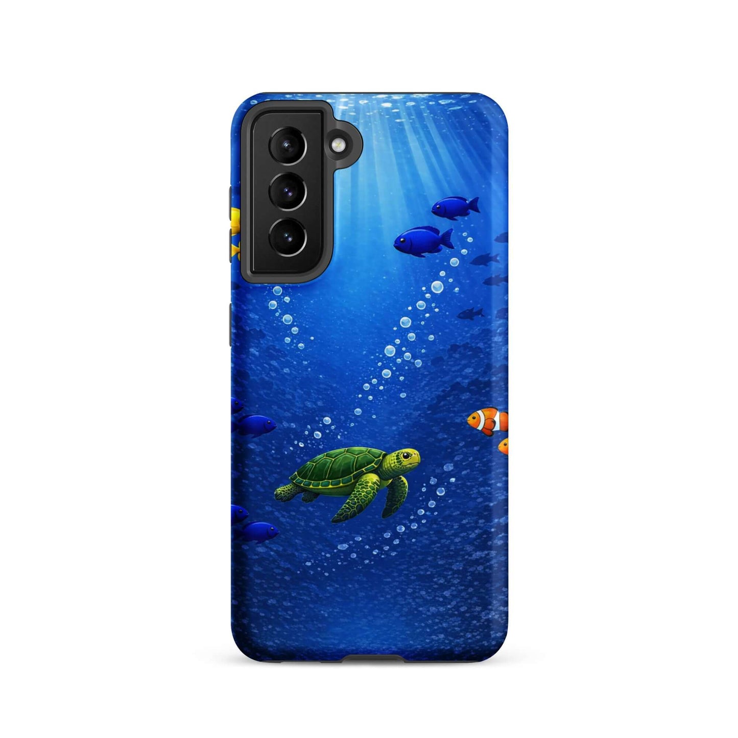 Phone Case for Samsung Galaxy featuring a sea turtle design swimming among tropical fish in deep blue water.