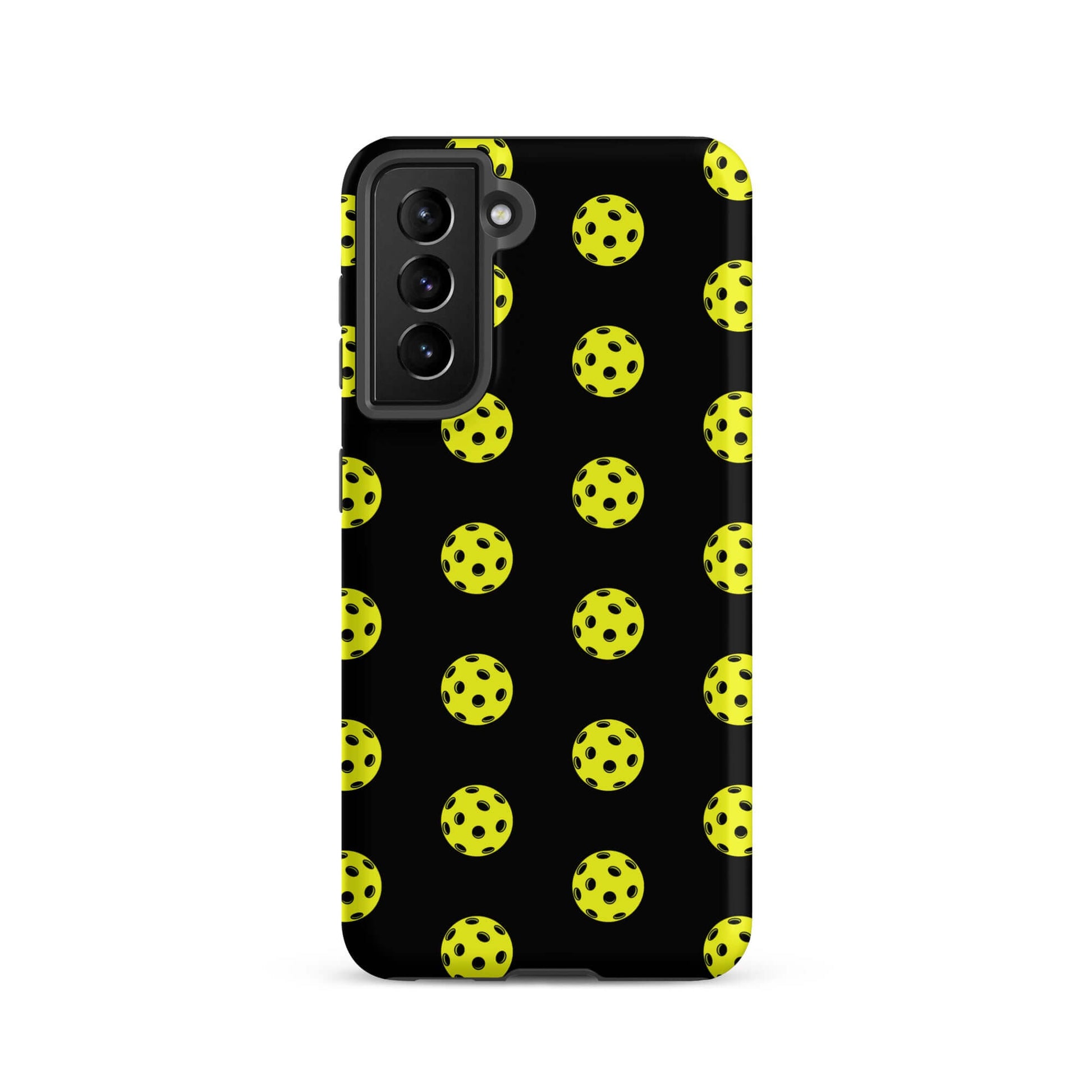 Phone Case for Samsung Galaxy featuring a bold pickleball pattern on a black background.