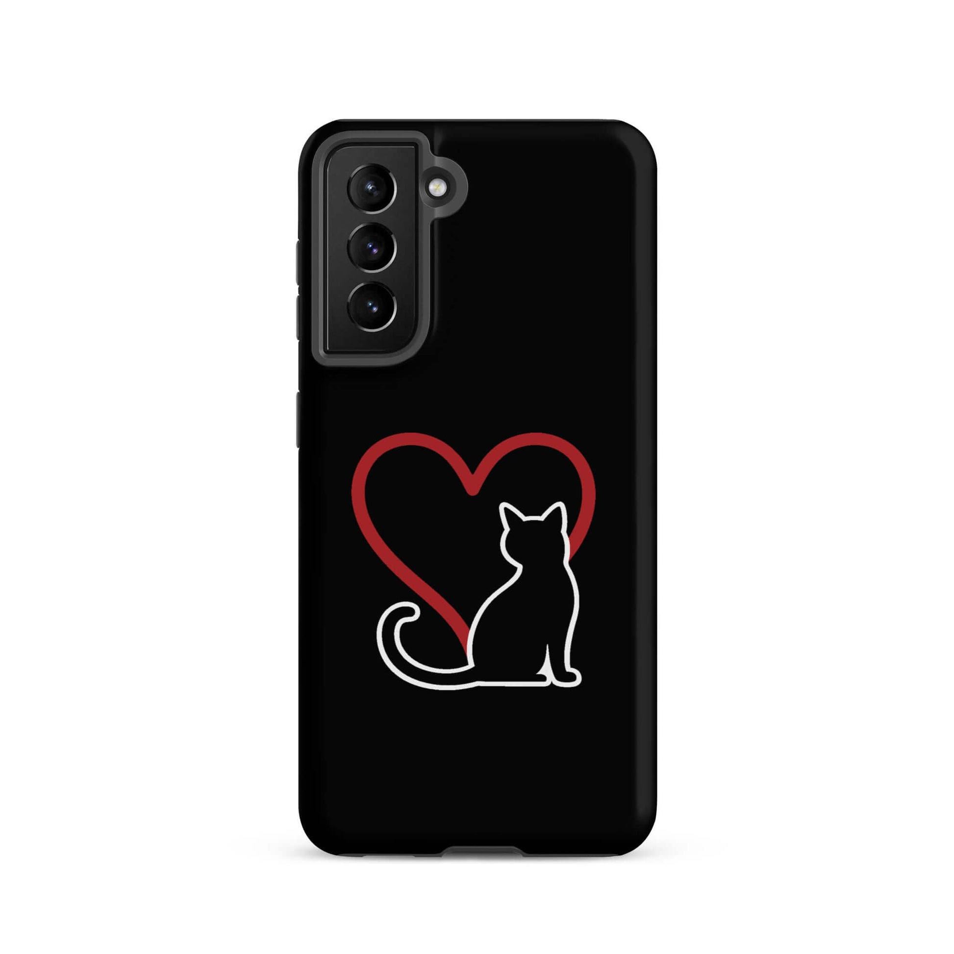 Phone Case for Samsung Galaxy featuring a black cat silhouette and a red heart design, perfect for cat lovers.