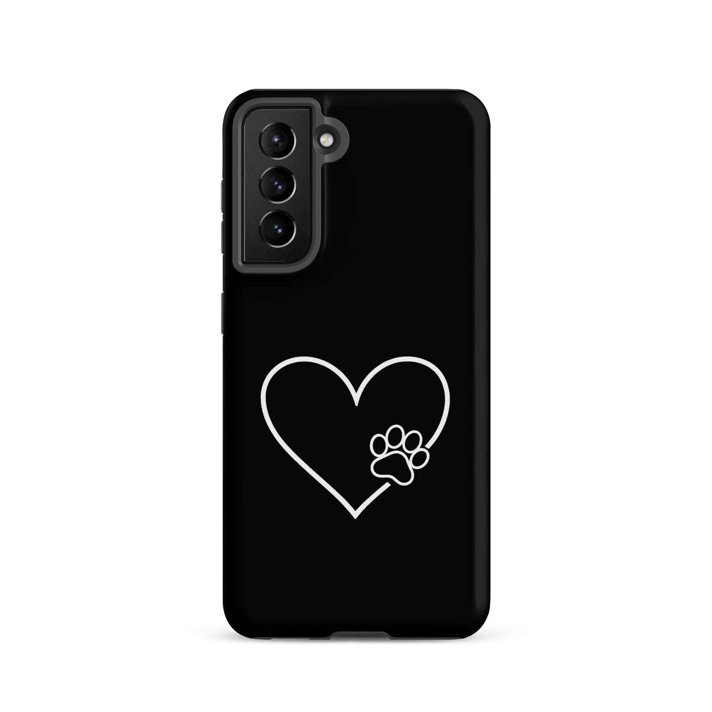 Phone Case for Samsung Galaxy with heart and paw print design in black and white, symbolizing pet love and protection.