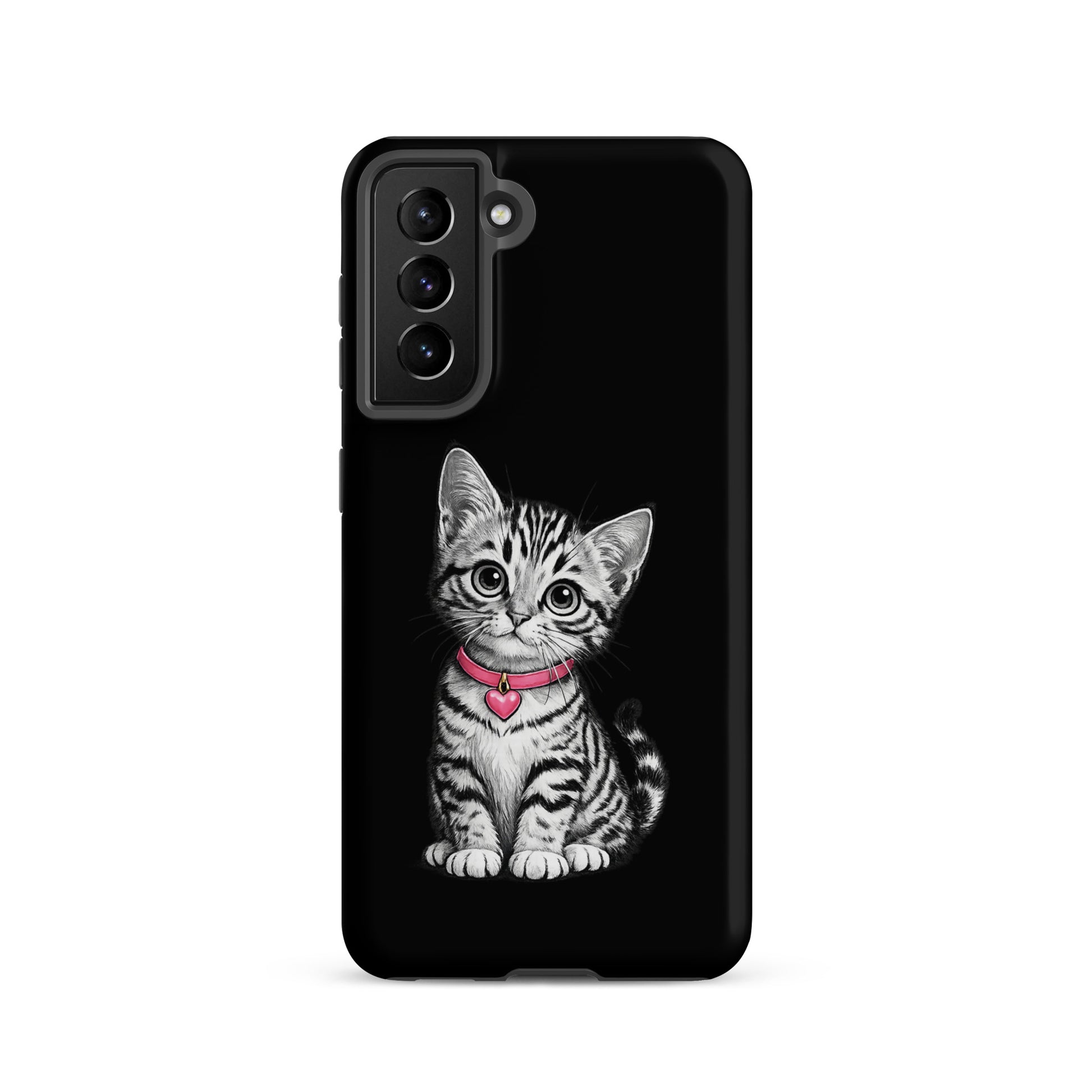 Phone Case for Samsung Galaxy with sketch kittens and pink heart charm design, providing stylish protection.