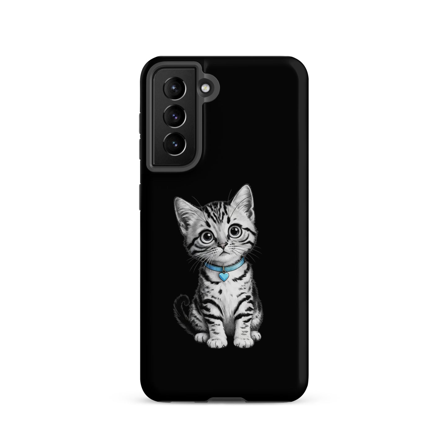 Phone Case for Samsung Galaxy with kitten sketch and blue heart charm.