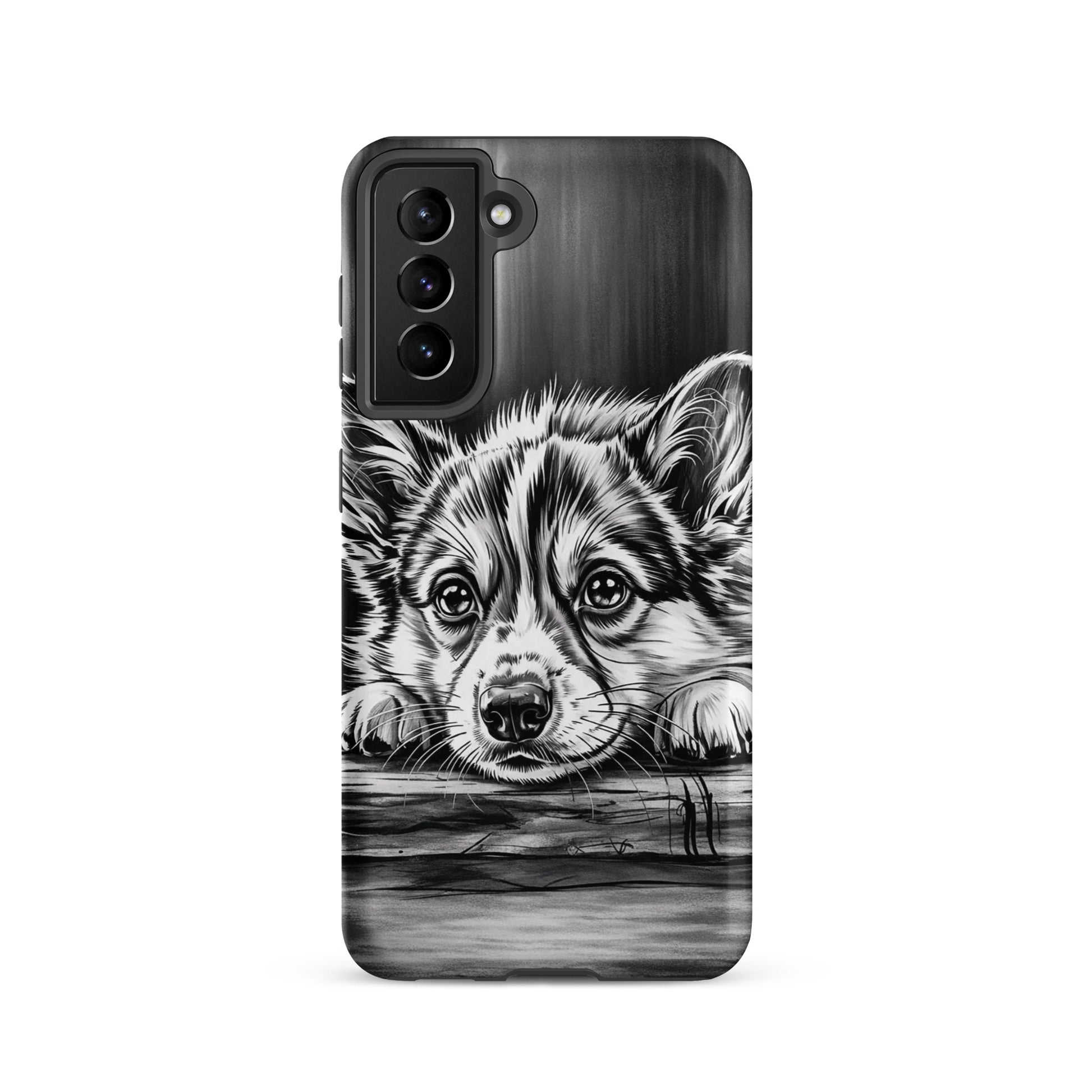 Phone Case with elegant puppy art for Samsung Galaxy, featuring a black-and-white puppy on aged wood for stylish protection.