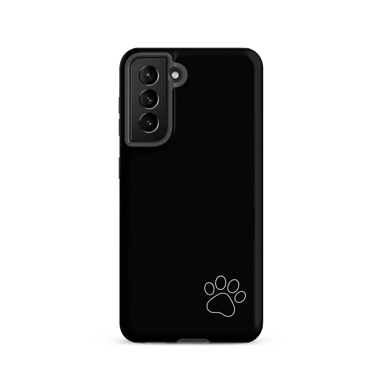 Phone Case with black design and white paw print for Samsung Galaxy, showcasing a minimalist tough case style.