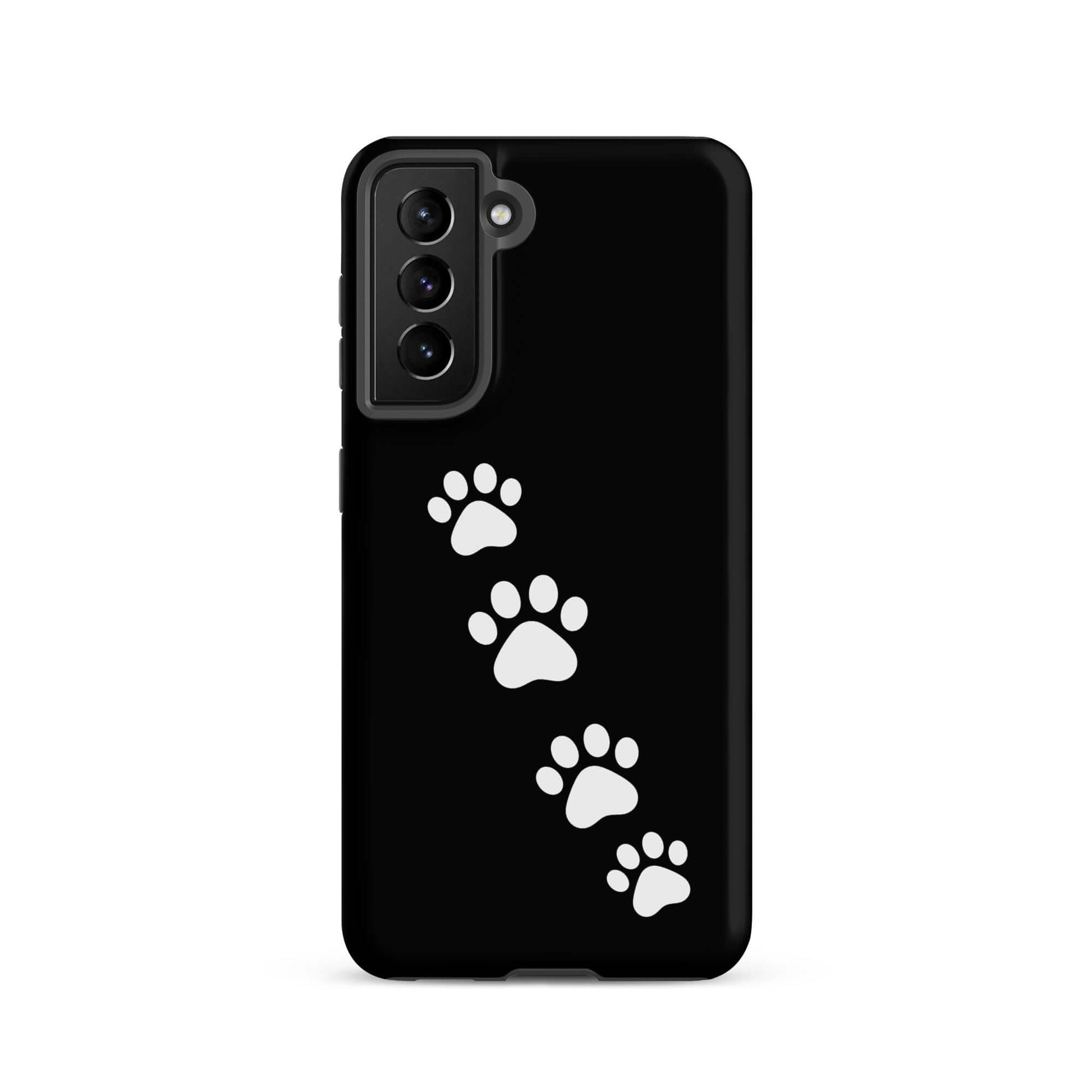 Phone case for Samsung Galaxy with white paw-print trail on black background, ideal for playful pet lovers.
