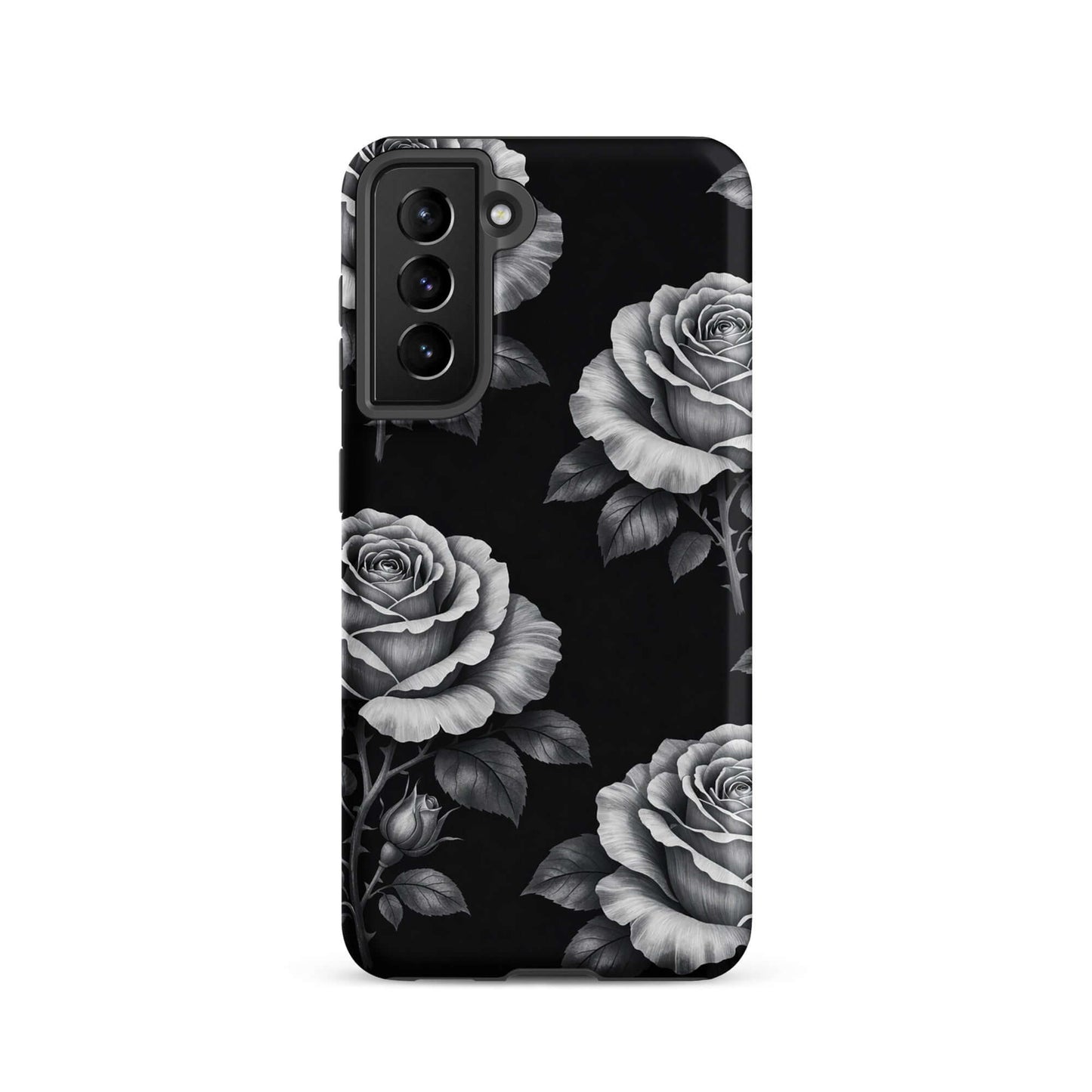 Phone Case for Samsung Galaxy with rose garden design on black background, featuring hand-sketched roses and lush leaves for elegant style.