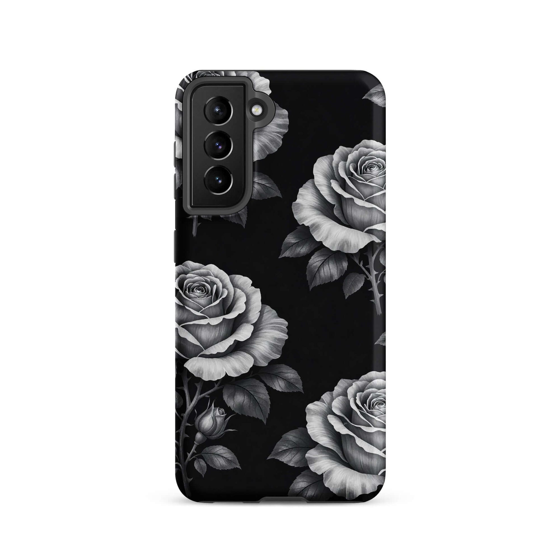 Phone Case for Samsung Galaxy with rose garden design on black background, featuring hand-sketched roses and lush leaves for elegant style.