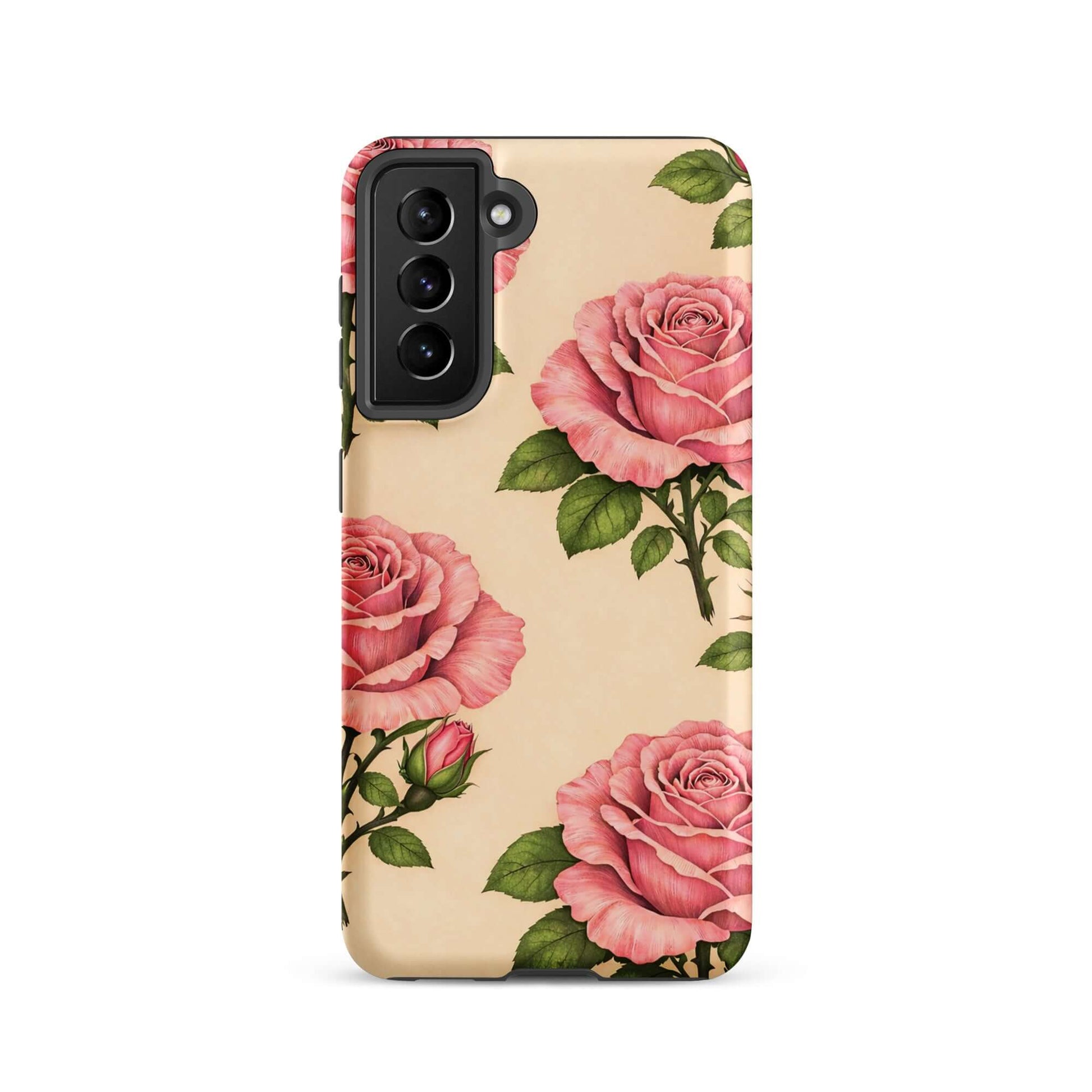 Phone Case for Samsung Galaxy with pink roses and cream background, elegant floral design, protective accessory, sophisticated style.