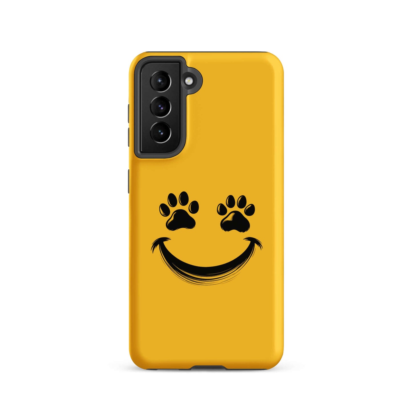 Phone Case for Samsung Galaxy with smiley face and paw print design, perfect for pet lovers, yellow background.